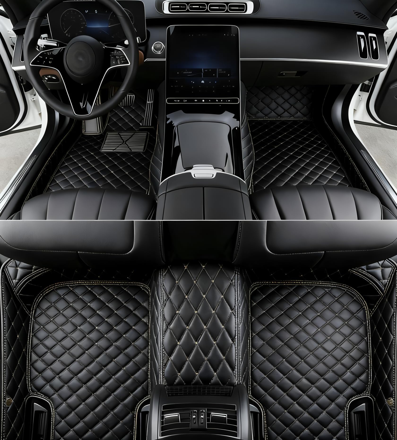 Custom All-Weather Protection Leather Car Floor Mats for Cars Sedan SUV Sports Car Waterproof Floor Mat (Black Beige)