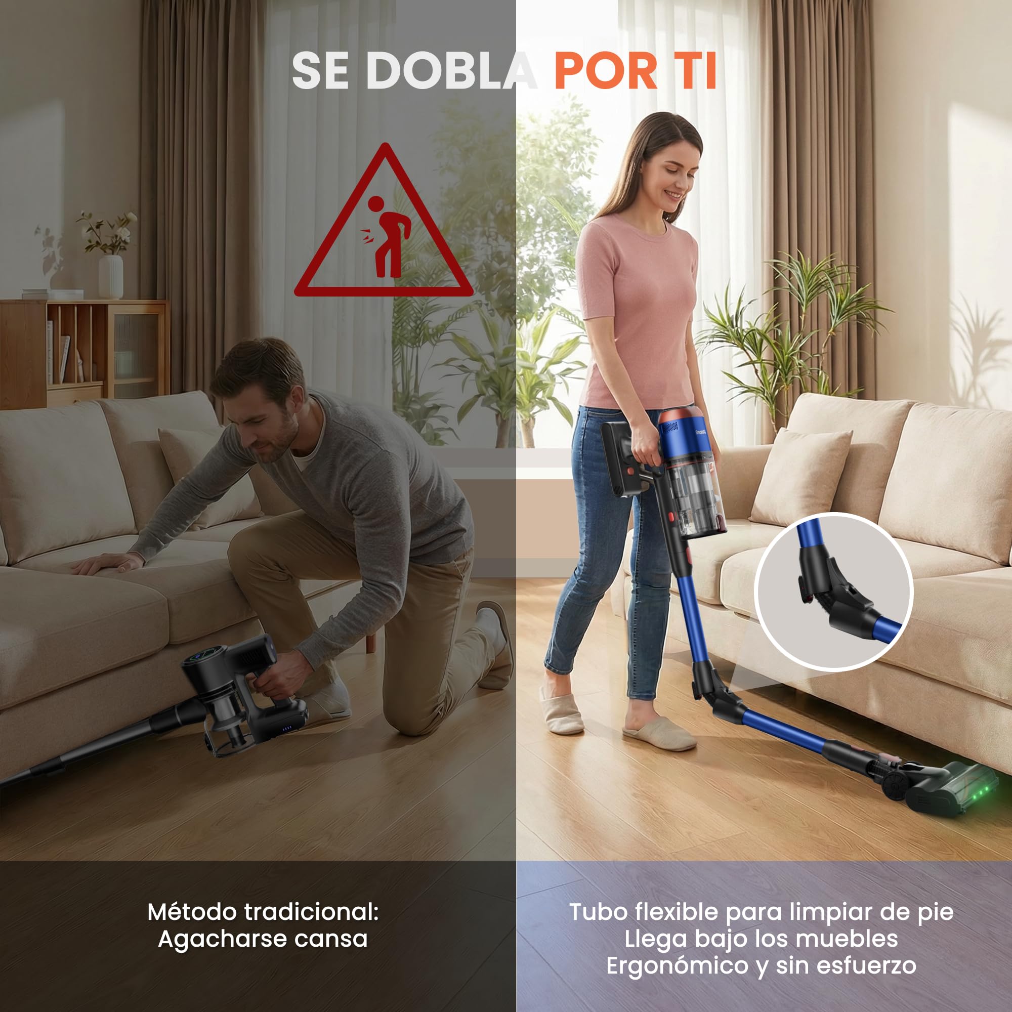 V15 Ultra Aspiradora sin Cable 58000Pa/600W/75Min, Doble Depósito 1,8L, Tubo Flexible, Cepillo en V Antienredos, Aspirador Escoba sin Cable para Pelo de Mascotas y Suelo Alfombra