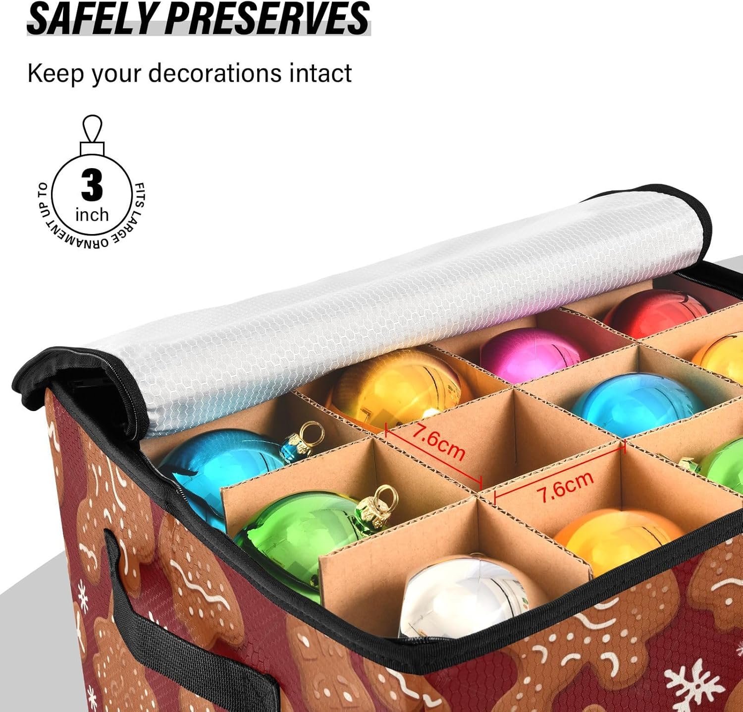 Christmas Gingerbreads Red Christmas Ornament Storage Box for Next Season Holiday Decorations Storage Container with Adjustable Dividers & Lid Lidded Storage Bins for Organizing Decor Ornaments Balls