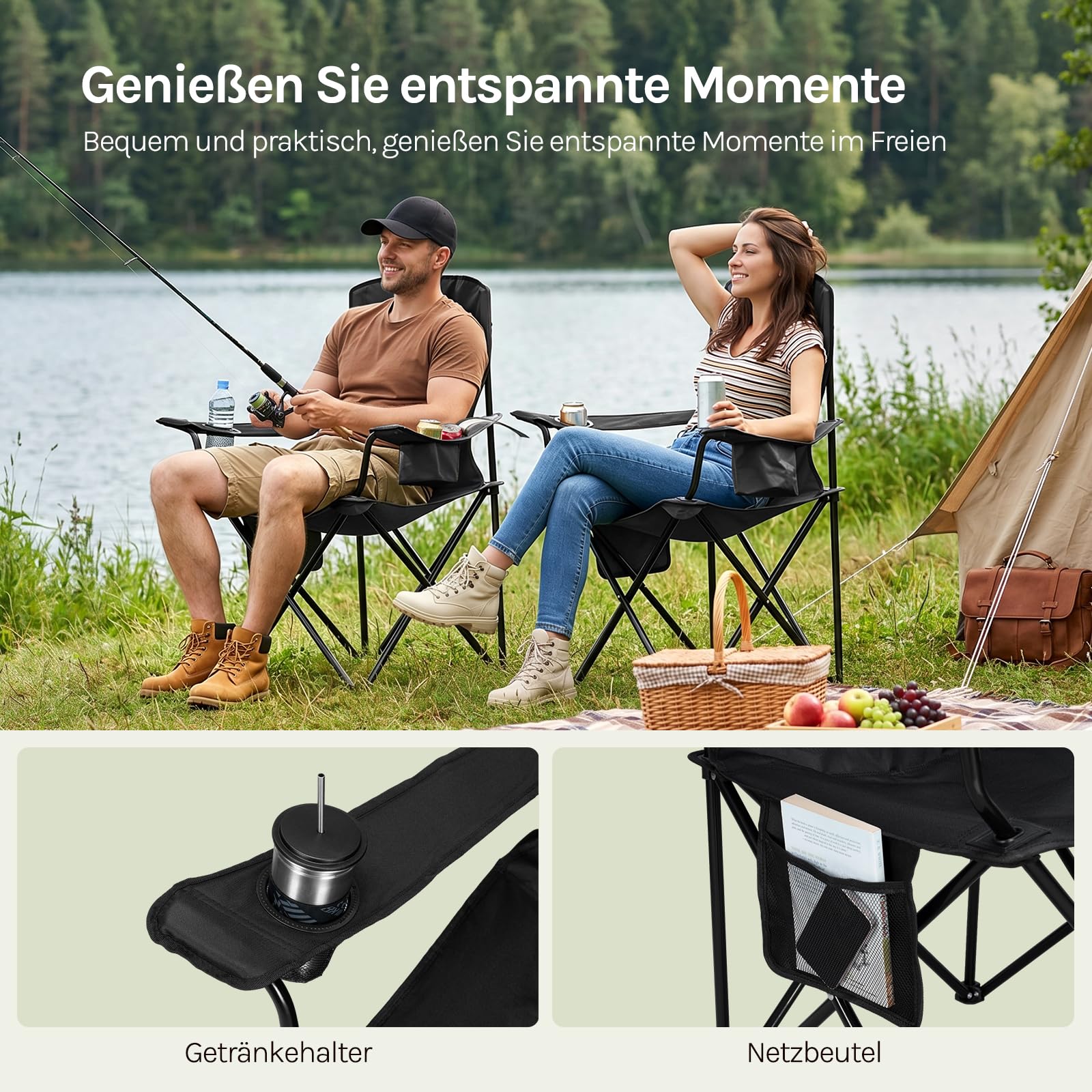 WOLTU Campingstuhl 2er Set Klappstuhl Faltbar bis 130 kg Belastbar mit Getränkehalter Seitentasche & Kühltasche, Outdoor Angelstuhl Camping Klappstuhl für Strand Angeln,Schwarz