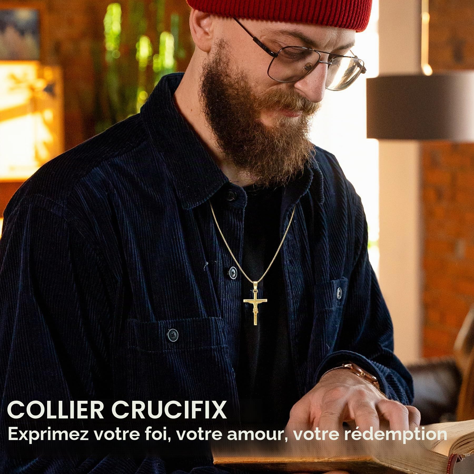 Collier Croix pour Homme Femme, Chaîne en Acier Inoxydable Plaqué Or 18K avec Pendentif Crucifix, Pendentif Croix Jésus Christ Cadeau Religieux pour Pâques Fête des Pères Noël