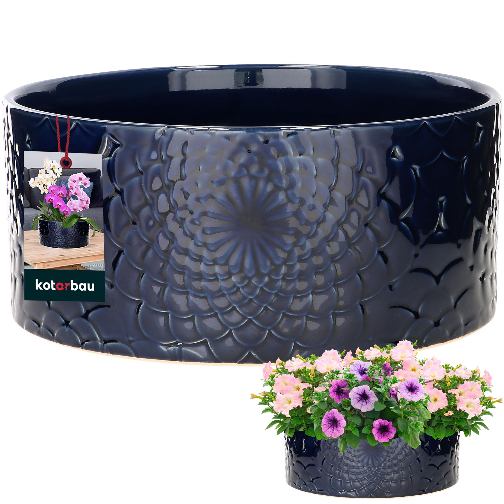 KOTARBAU Bac à plantes, en céramique, bleu cobalt, hauteur : 13 cm, diamètre : 28 cm, grand pot de fleurs, plat et rond, pour l'extérieur