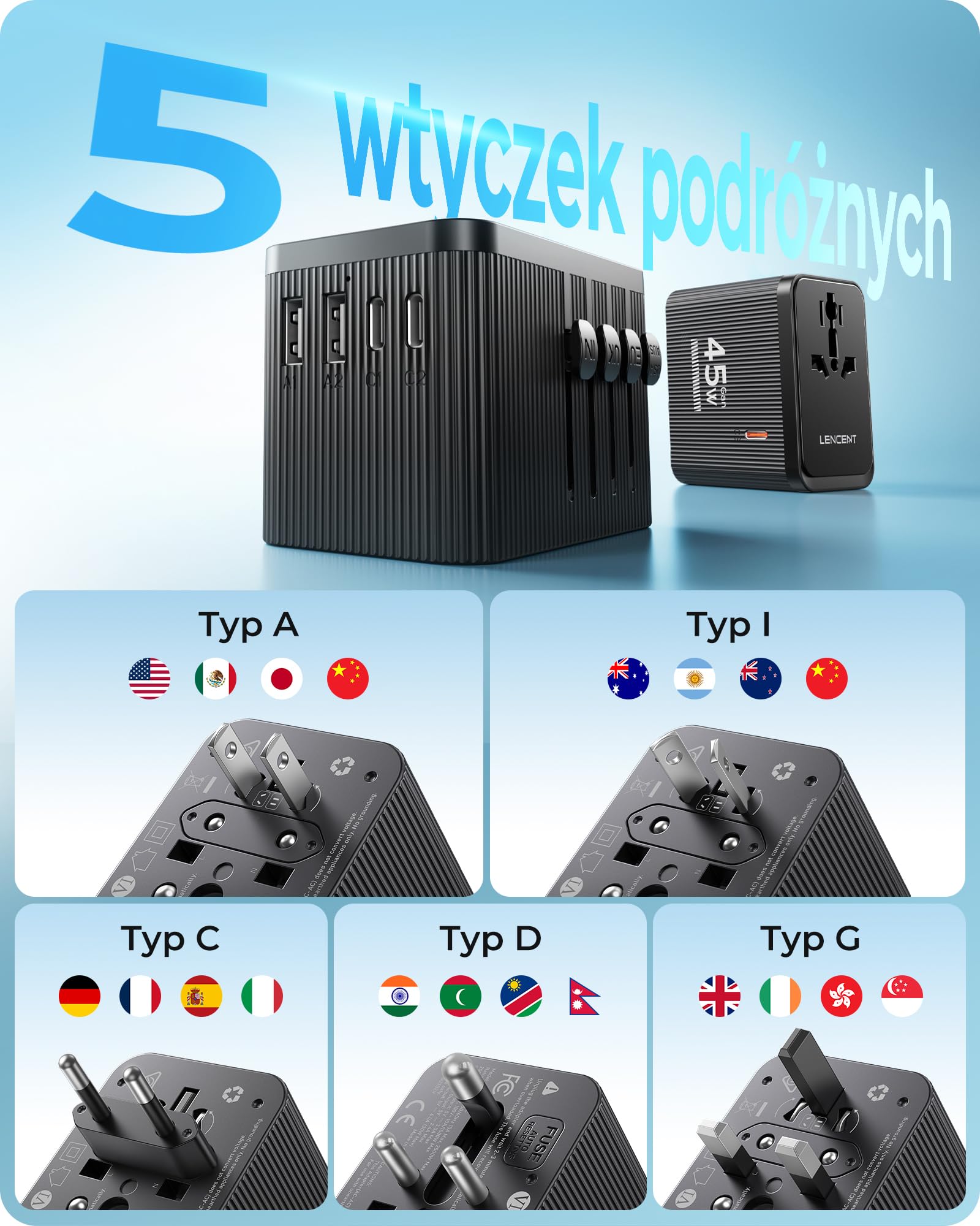 LENCENT Uniwersalny zestaw adapterów podróżnych, międzynarodowy adapter