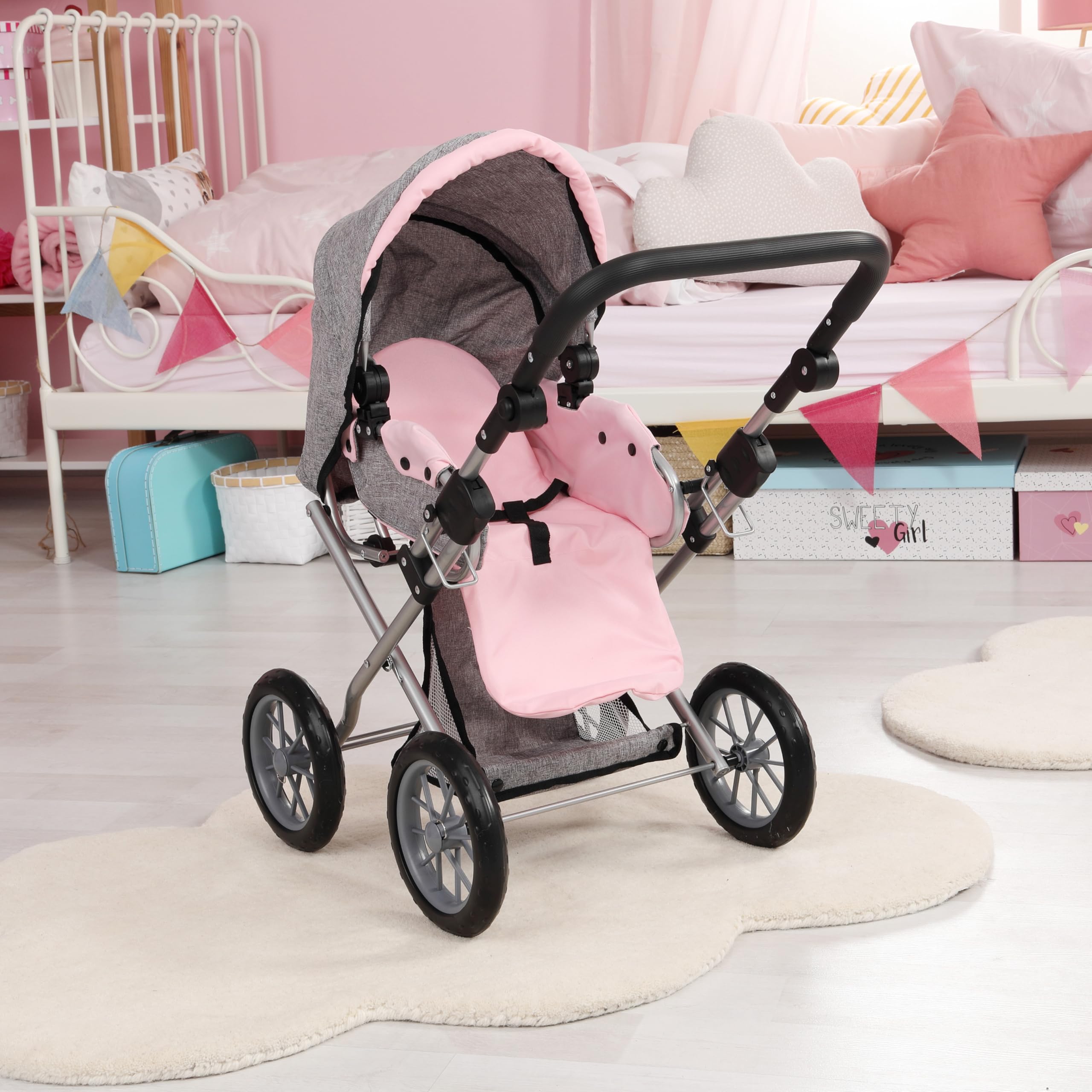 Bayer Design 13633AA Carrozzina per Bambole City Star, Passeggino per Bambole, pieghevole, regolabile in Altezza, convertibile con borsa