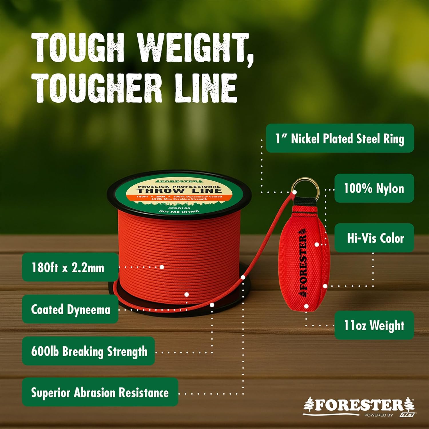 FORESTER Arborist Throw Line Kit | 15oz Throw Weight & 180ft Throw Rope | Pro Slick 100% Dyneema Throw Line Rope | Arborist Equipment for Tree Climbing