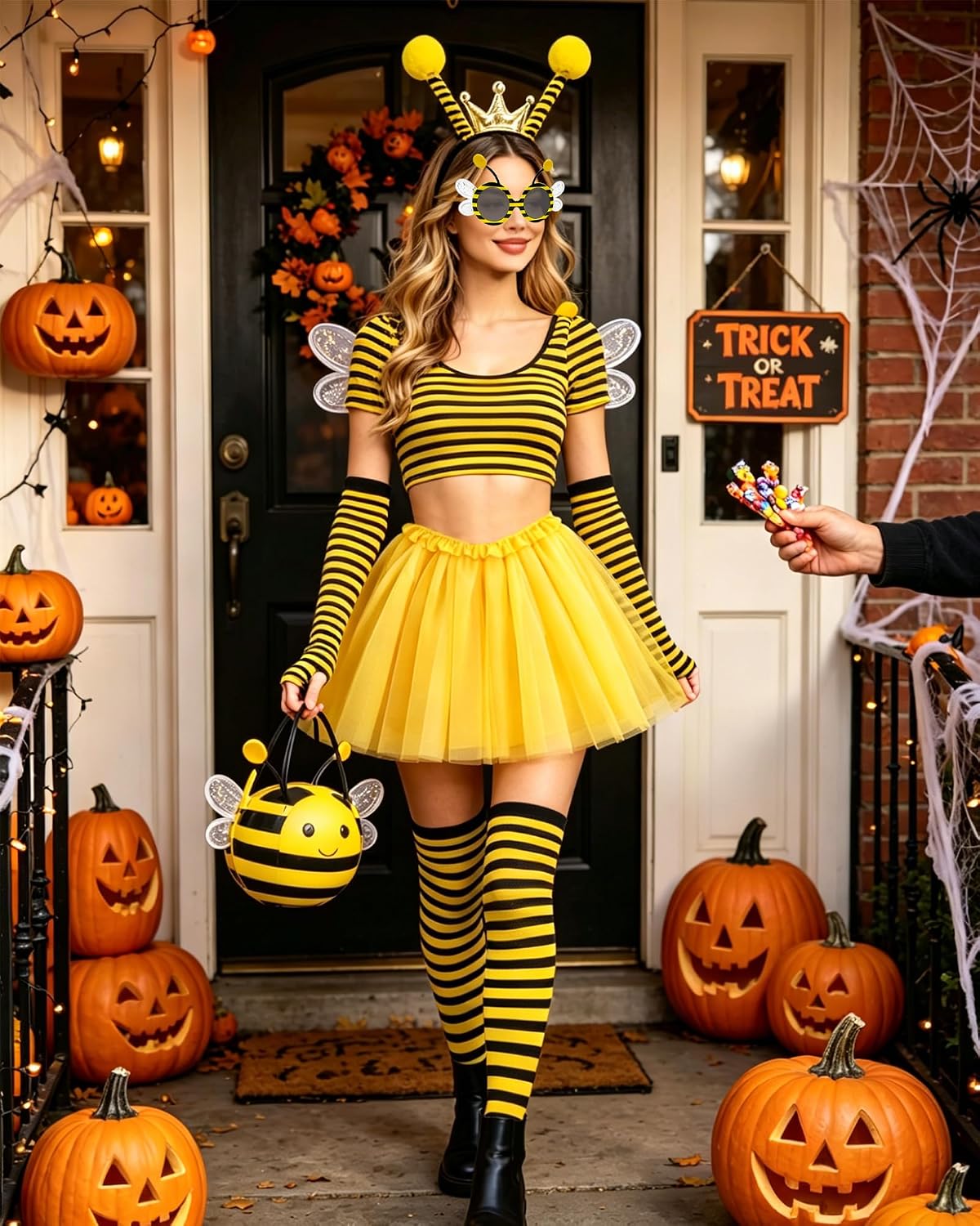5PCS Bee Costume for Women, Bumblebee Costume Accessories with Tutu Skirt Antenna Headband Sunglasses Arm Warmers Thigh High Socks, Halloween Bee Outfit for Adults Cosplay Yellow