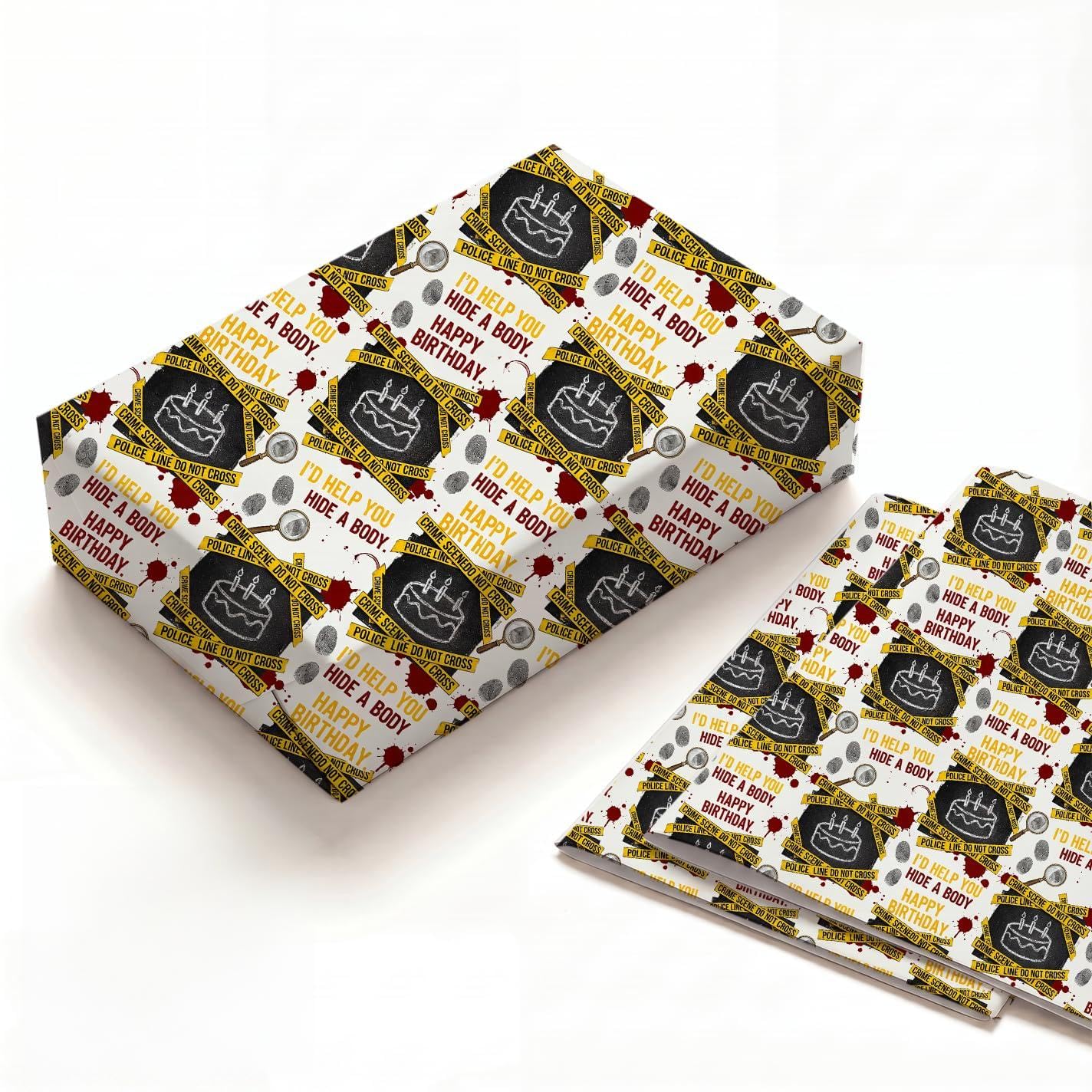 Funny True Crime Blood Splatter Birthday Wrapping Paper Folded Sheets, 120GSM Thick Kraft Wrapping Paper for Women, Hide A Body Gag Print Present Packaging for Bestie Friend, 2 Pack