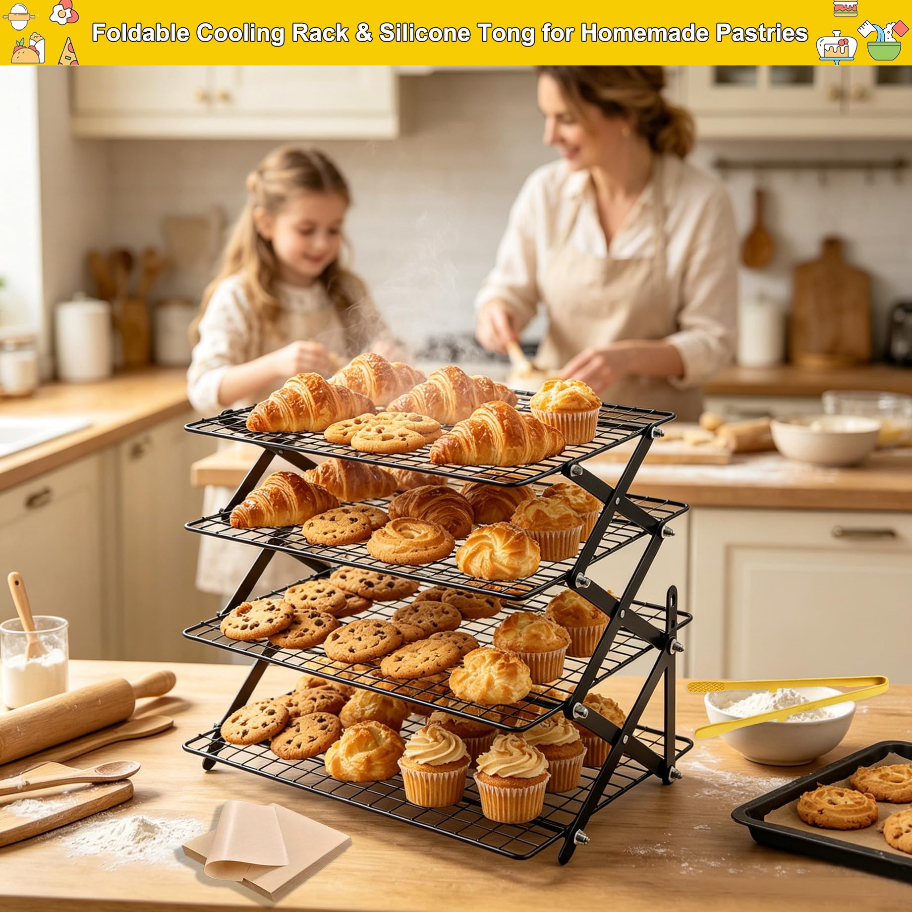 Grille de Refroidissement Patisserie en acier inox 4 Niveaux Antiadhésive Pliables et Empilables 40 x 25 cm, Pince Cuisine Silicone et Papier Cuisson Prédécoupé, pour biscuits, gâteaux, muffins, pain
