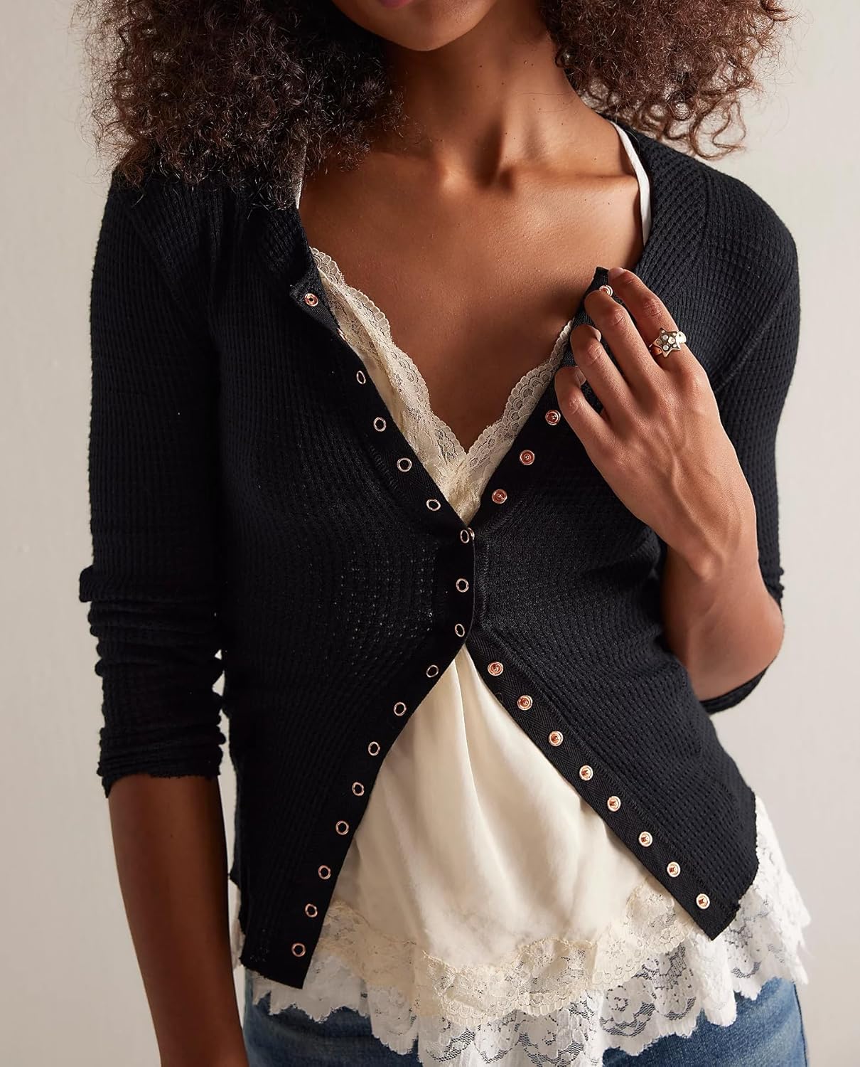 Womens Button Front Closure Fitted Stretchy Long Sleeve Waffle Cardigan Shirts Y2k Going Out Cute Crop Tops - Image 6