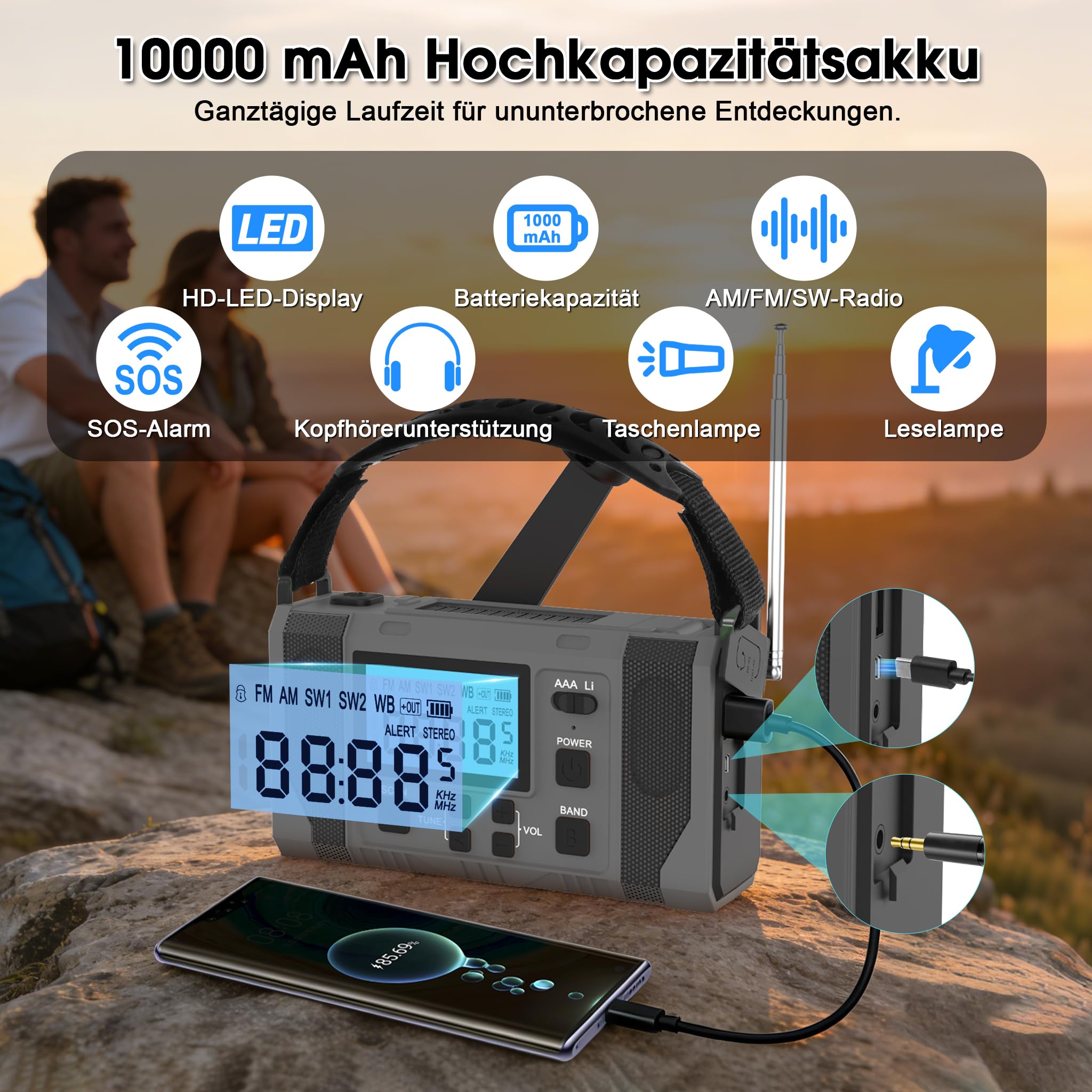 Notfall-Solar Radio, 10000mAh Notfall Kurbelradio, AM/FM Radio, Taschenlampe+ Leselicht, SOS-Alarm, Powerbank, 3-Ladearten (Solar/USB/Handkurbel), für Camping/Wandern/Stromausfall,Grau