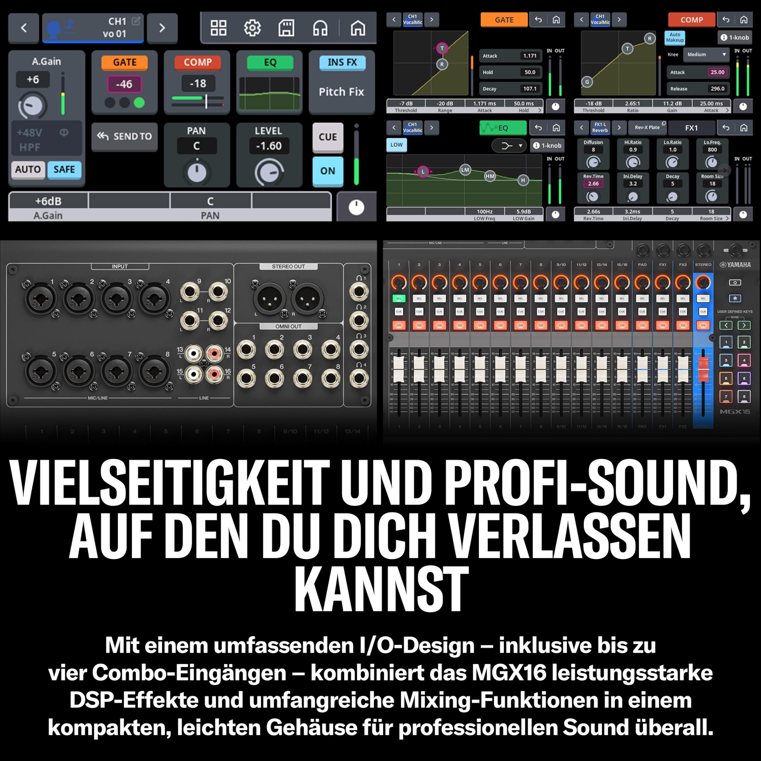 YAMAHA MGX16 Digitaler Audio-Mixer mit Touch-LCD, Bluetooth, Schwarz | Vielseitiger Audio-Mixer mit Dual-USB, microSD-Recording und erweitertem I/O