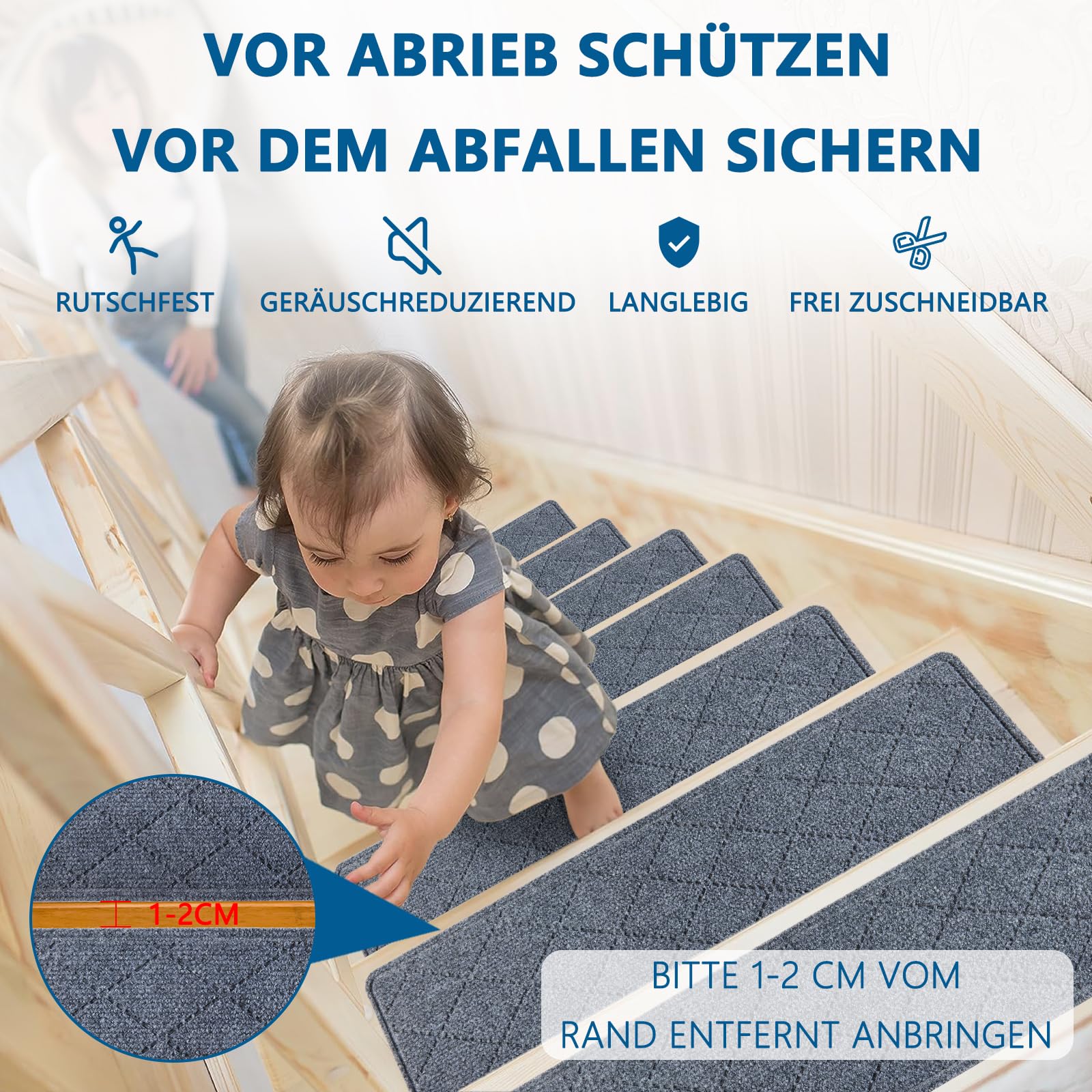 KOOTETA Lot de 15 Antiderapant Escalier, 20 x 76 cm Tapis De sécurité Marchettes d'escalier pour Enfants, Aînés et Animaux De Compagnie avec Adhésif Réutilisable, Gris Clair