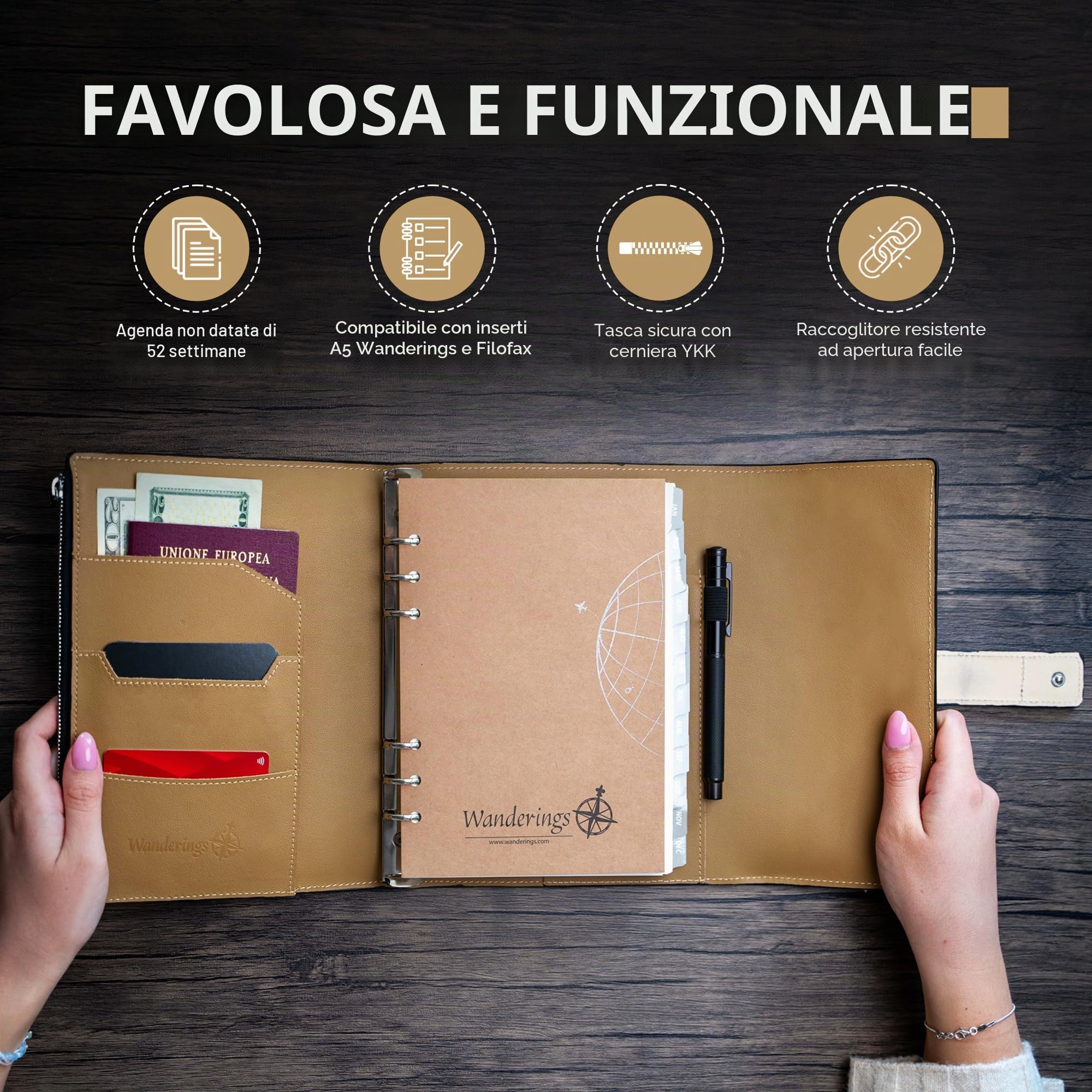 Wanderings Raccoglitore A5 a 6 Anelli in Pelle – Con Tasche Interne | Vera Pelle Pieno Fiore | Planner Non Datato 52 Settimane | Elegante, Ricaricabile e Funzionale