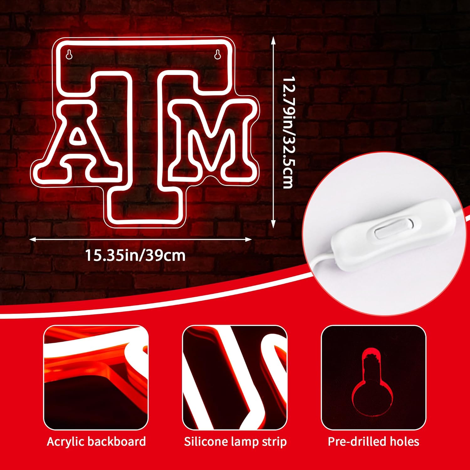 University Neon Sign for Wall Decor AM University Neon Light Football LED Signs Sports Signs for Man Cave Red Dorm Decor for College Students Graduation Gifts for Students Men,Size 15.4*12.8in(XD108) - Image 3