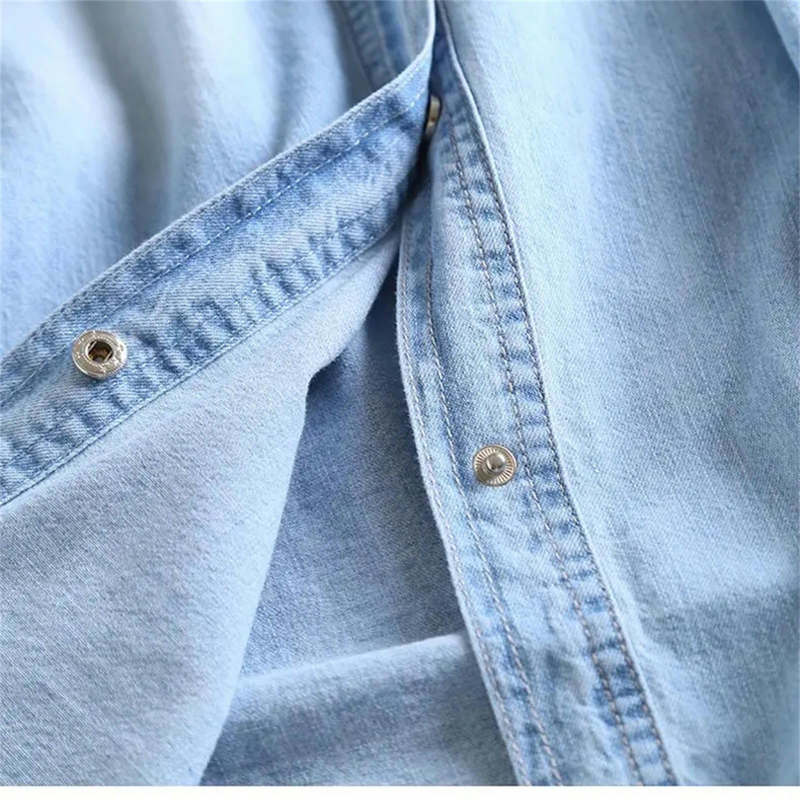 Blusa Pocket De Mujer Single-Shoxed Camisa De Vaquero De Manga Larga Suelta De Un Solo Pecho De Pecho-Azul Claro-Metro