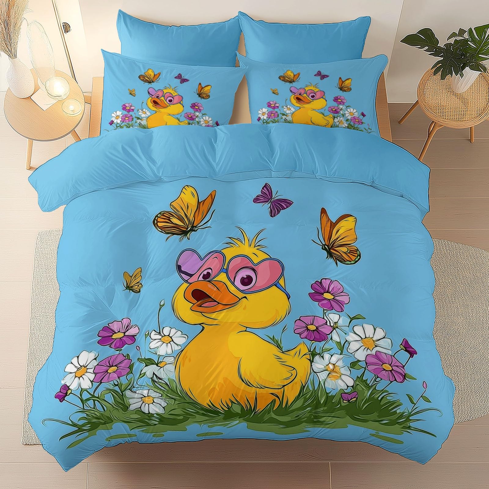 Housse de Couette 200x200 Douce et Facile à Enfiler pour Lit Fille Motif Caneton
