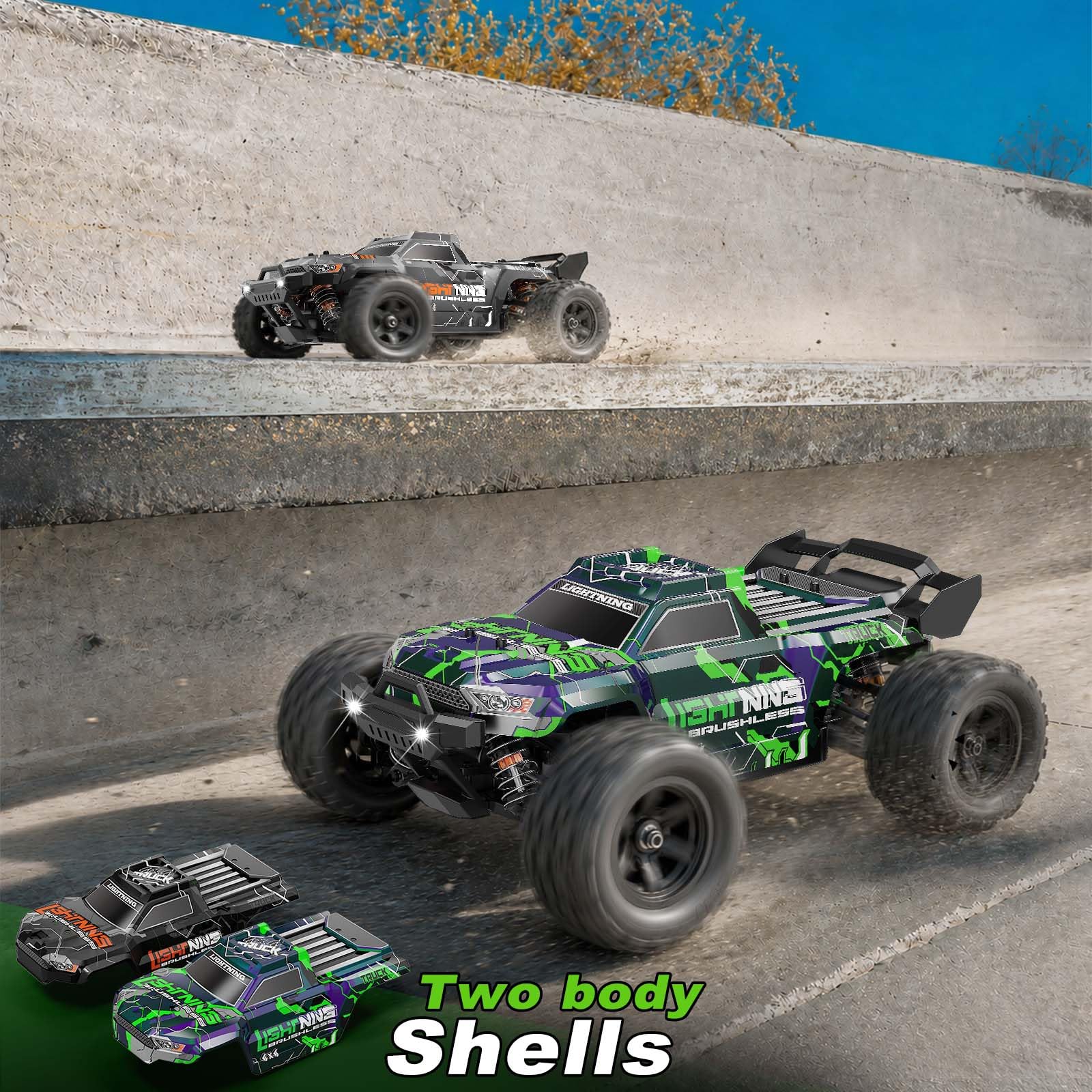 Ferngesteuertes Auto 1:18 Brushless 4WD RC Auto 52 km/h für Erwachsene & Kinder ab 10 Jahren, RTR Offroad RC Auto mit ölgefüllten Stoßdämpfern, Vollmetall-Antrieb, 2 Akkus & 2 Karosserien