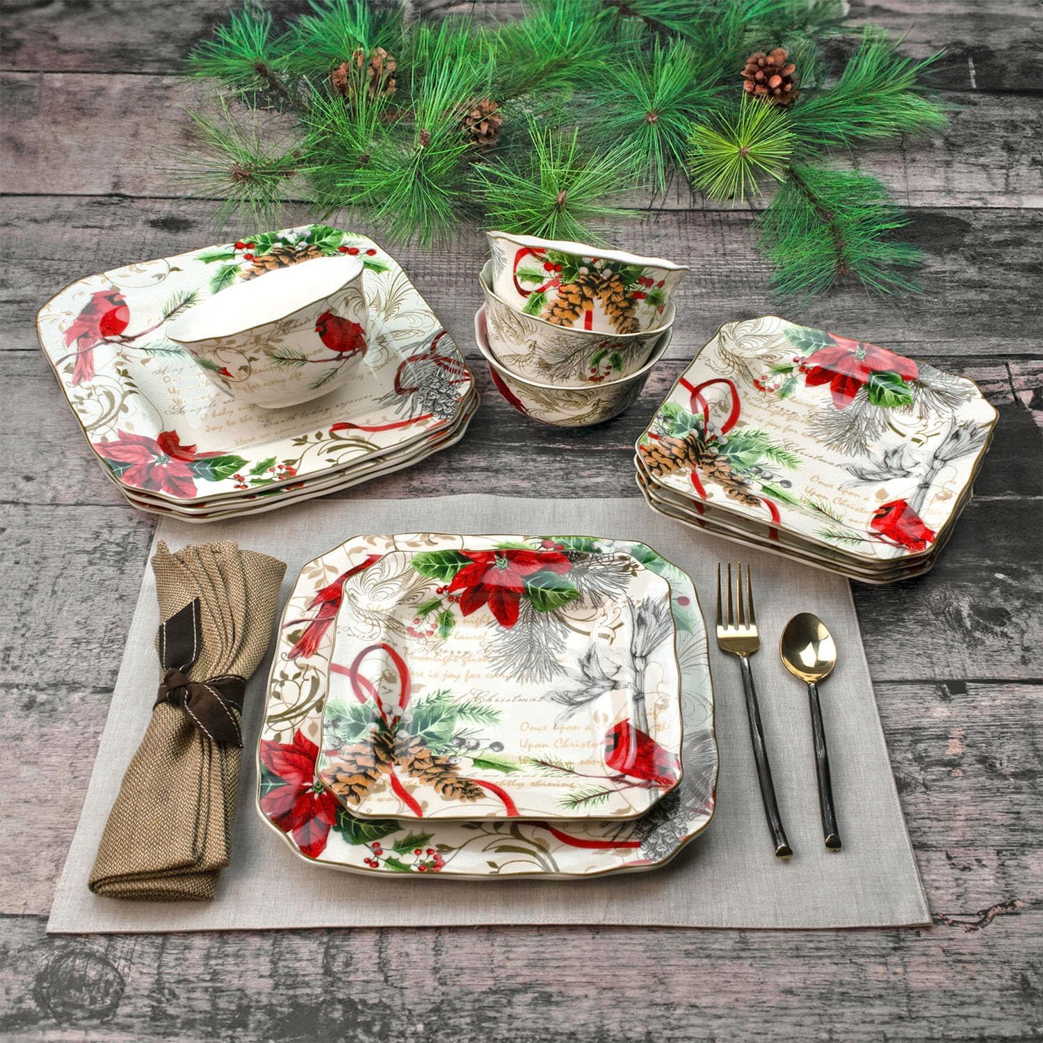Amazon.com | 222 Fifth 12-Piece Holiday Wishes Red Porcelain