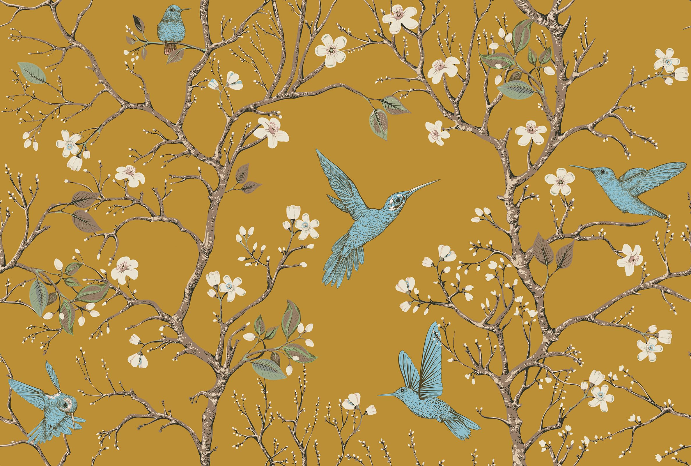 Papier peint jaune motif fleur oiseaux ReWallpaper rouleau adhesif 44.5cmx3m pour meuble
