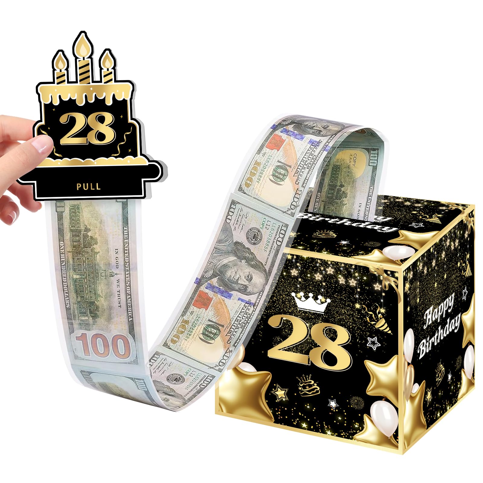 Joycard 28th Birthday Money Box for Women Men, 28 Years Old Birthday Decorations, Fun Pull-Out Cash Gift Box for Parties, Ideal for 28th Birthday