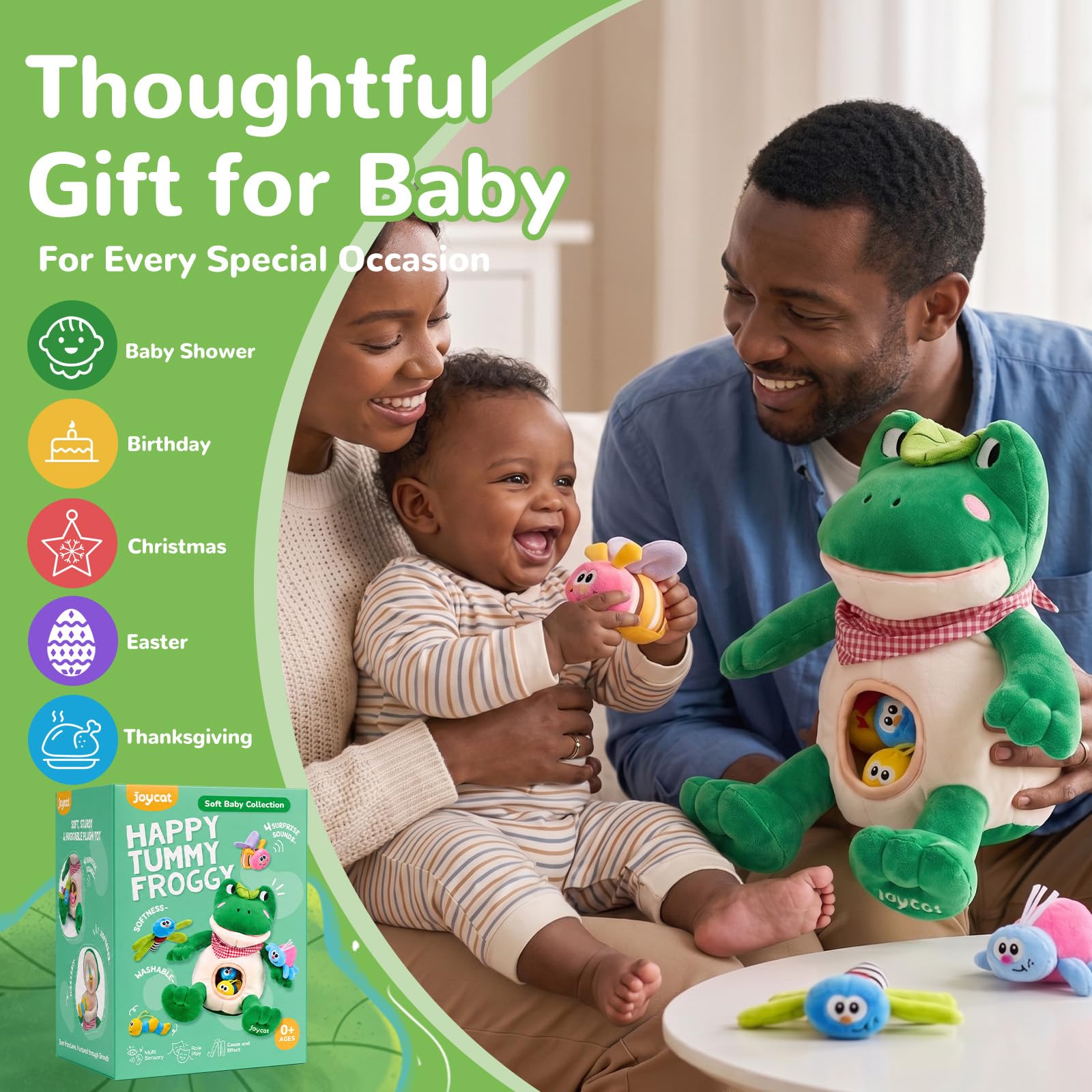 JoyCat Jouets pour Bébés 3 à 18 Mois - Jouet Montessori Grenouille avec 4 Insectes sensoriels, Hochet, Papier Froissé, Couineur et Miroir Bébé - Jouets Montessori pour Enfant 6 7 8 9 10 Mois, Cadeau