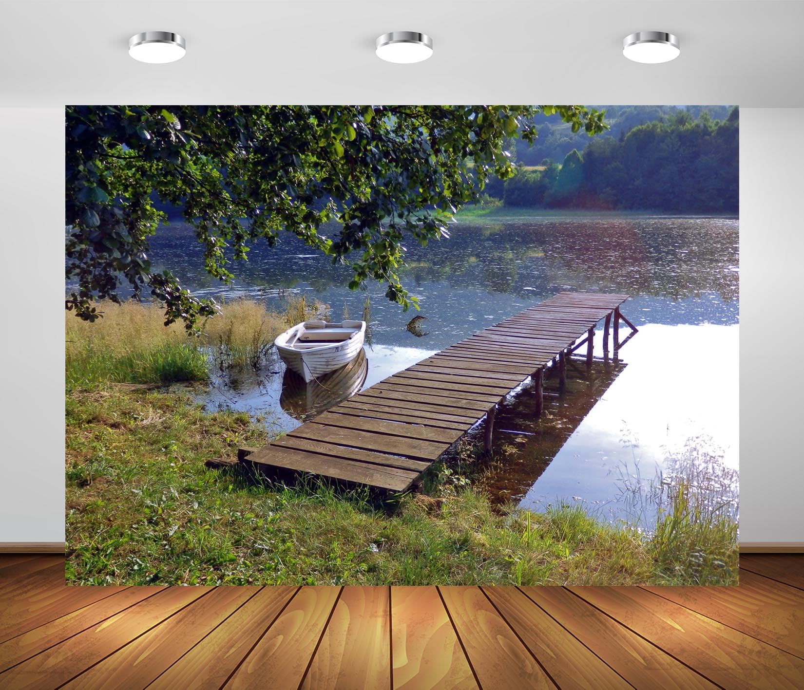 BELECO 7x5ft Fabric Lakeside Boat Backdrop Forest Lake Fisherman's Canoe Green Trees River Fishing Background Fishing Theme Party Decorations Studio