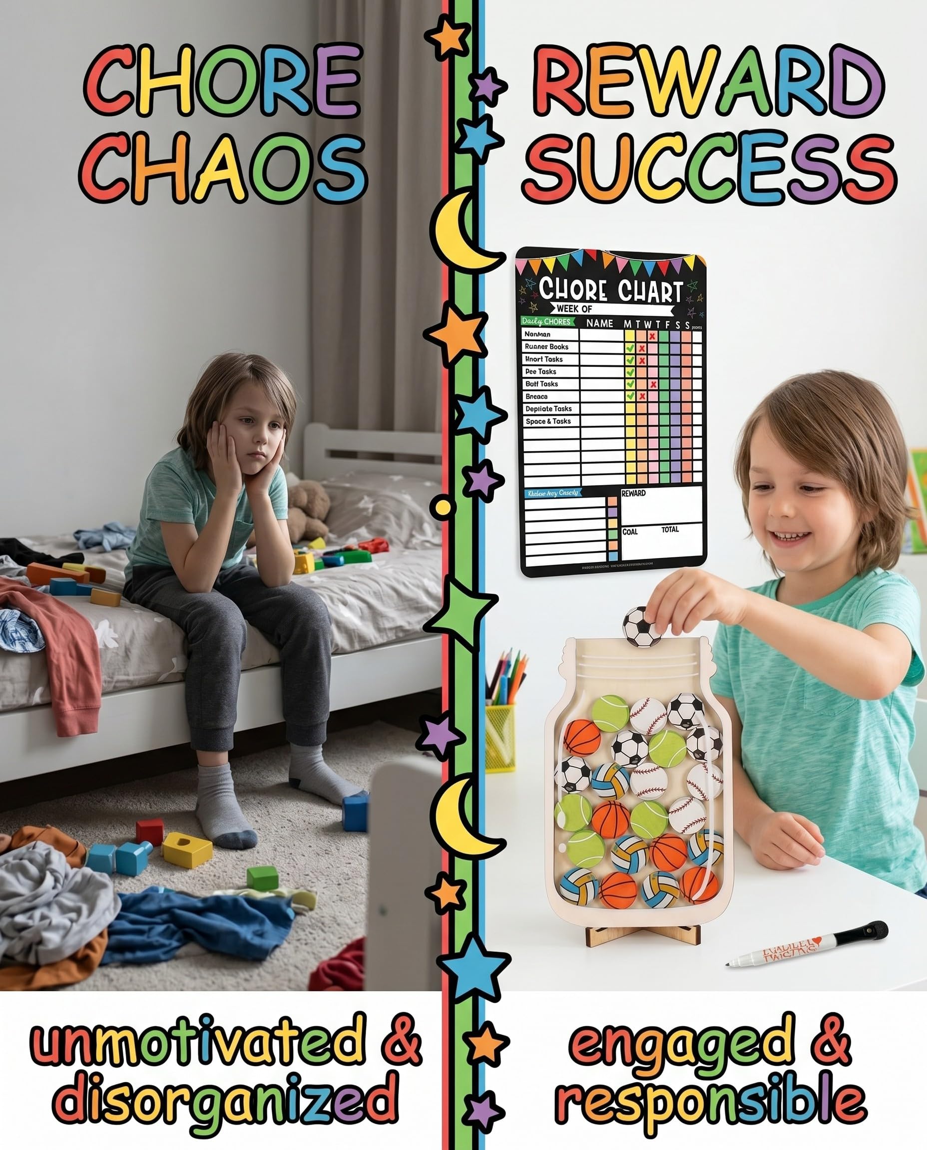 Tabella delle Ricompense per Bambini con 30 Stelle e Lavagna Magnetica per Bambini Sistema di Ricompensa per Casa, Scuola e Aula (Palline Colorate)