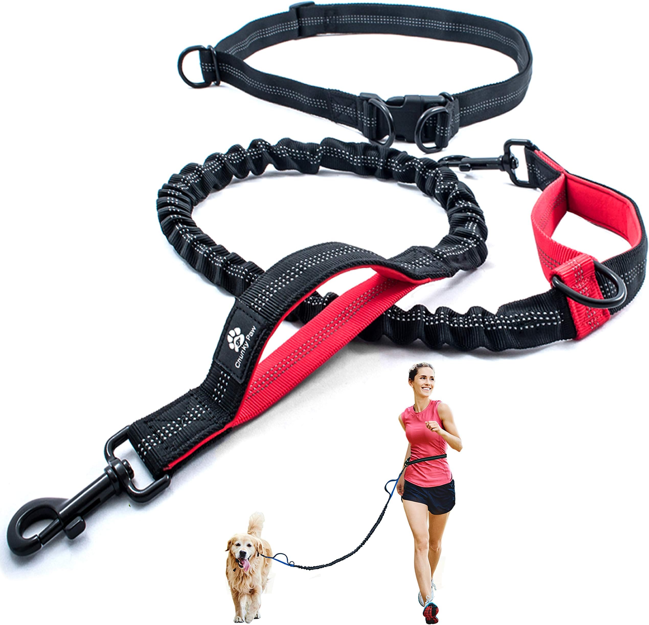 Hands Free Dog Leash for Medium and Large Dogs - Durable Dual Handle Waist Leash with Reflective Bungee for Running, Walking, Training, Hiking (Red, for 1 Dog)