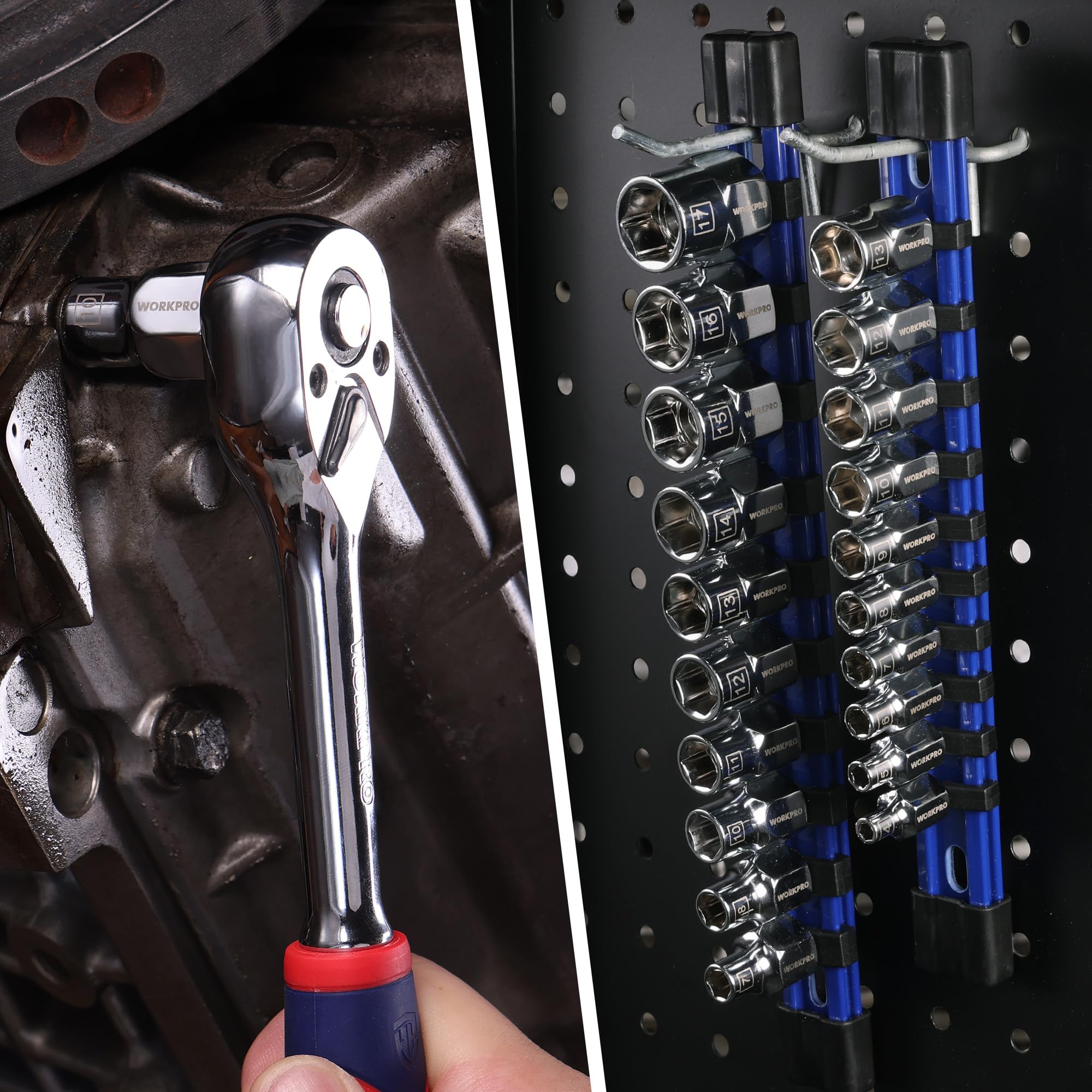 WORKPRO Zestaw Nasadek 1/4" 10 elementów, Nasadki 4-13 mm z Stali Cr-V, z Uchwyt PVC, Zestaw Kluczy Nasadowych do Napraw Samochodów i Maszyn