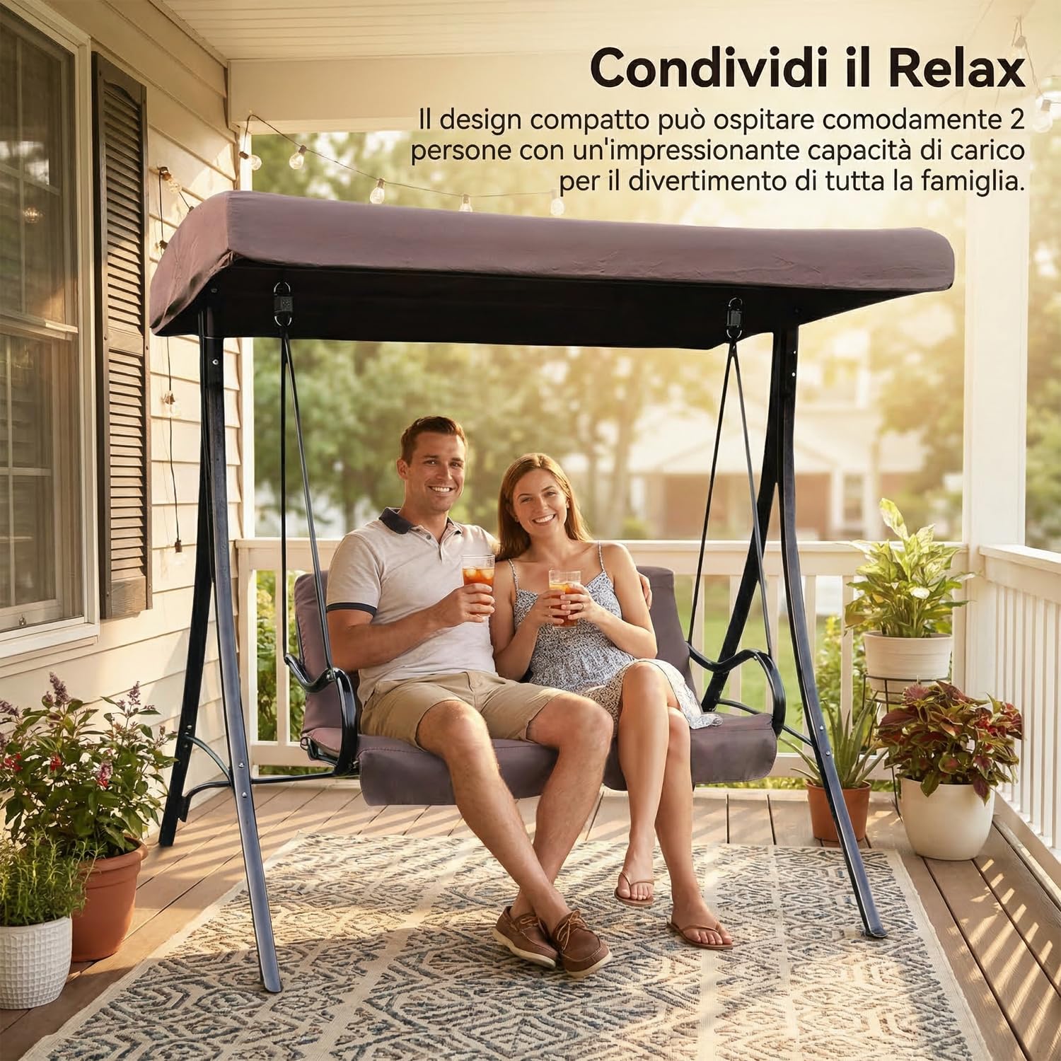 Marvin Dondolo da Giardino 2 Posti con Tetto Parasole Altalena da Esterno con Cuscino Imbottito Struttura in Acciaio Robusta Seduta Relax per Terrazzo Patio Balcone (Moka)
