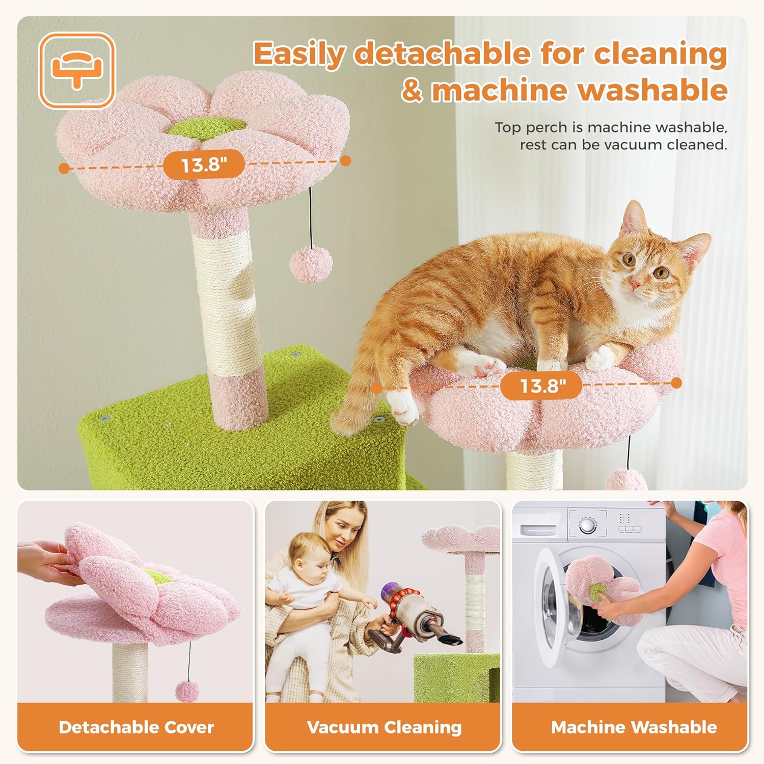 PAWZ Road 70 Inch Cat Tower, Pink Cat Tree with 2 Cozy Condos, 2 Plush Perch, Large Basket, 2 Scraching Pad & 6 Scraching Posts for Indoor Cats Large Adult