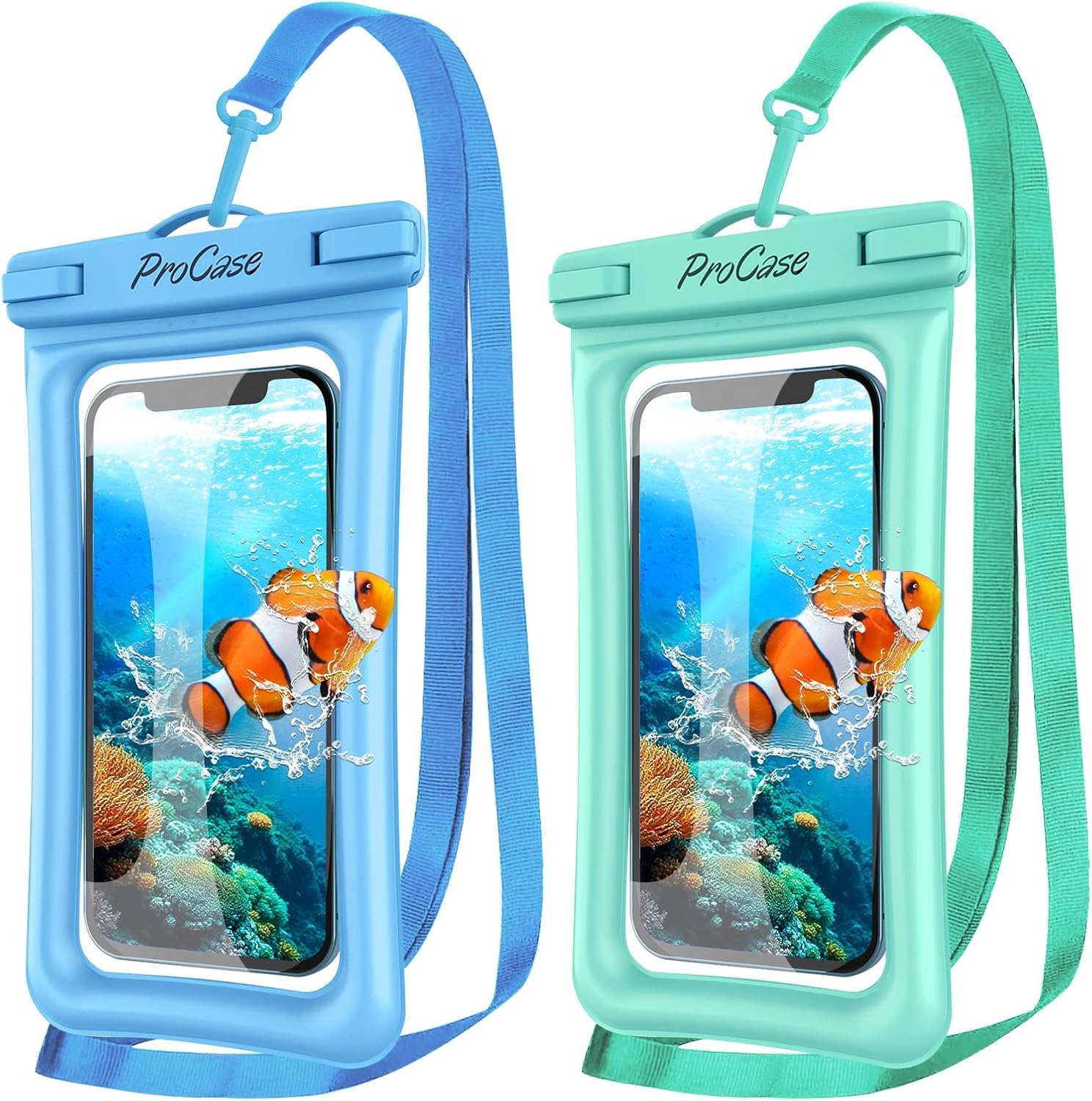 ProCase 2枚セット スマホ防水ケース フロート式 ドライバッグ IPX8認定 完全保護 密封 水中撮影 お風呂 温泉 釣り 海 最大7.0インチ対応：iPhone 17 16 15 14 13 12 Mini Pro Max Huawei Xperia android - ブルー・グリーン