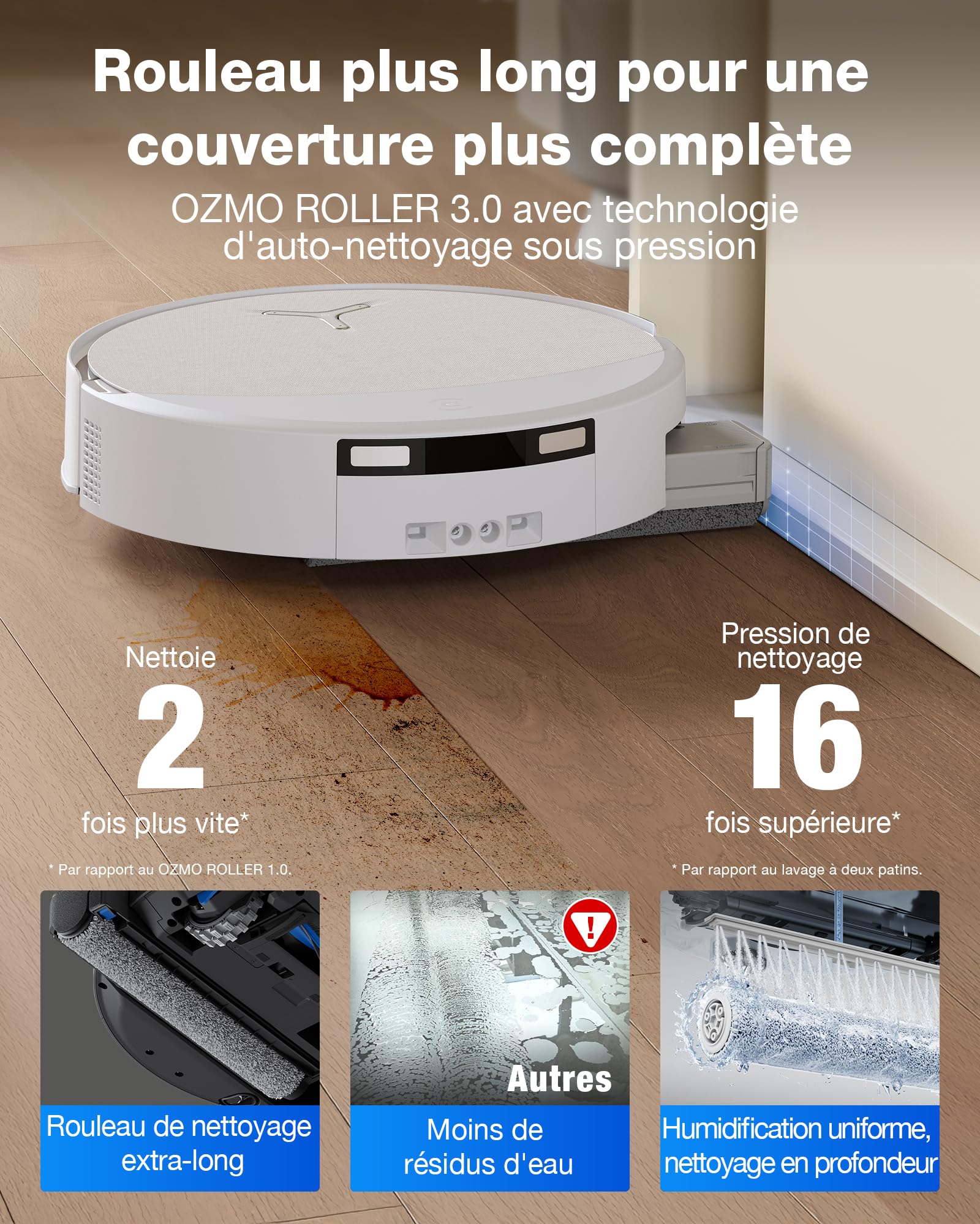 ECOVACS DEEBOT T90 OMNI Aspirateur laveur, 30 000 Pa, OZMO ROLLER 3.0, système BLAST, Triple Lift, TruePass 4WD et AIVI 3D 4.0, AGENT IA YIKO pour animaux de compagnie, Fresh-flow Power Washing, blanc