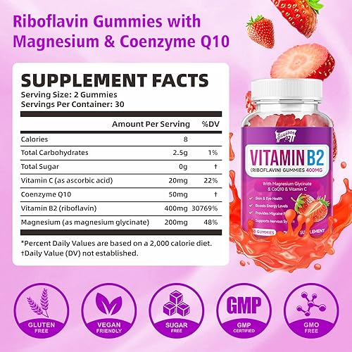 Miniatura 2 de Paquete de 2 gomitas de vitamina B2, riboflavina de 400 mg con magnesio y CoQ10 y vitaminas para niños y adultos, alivio de migraña y alivio del