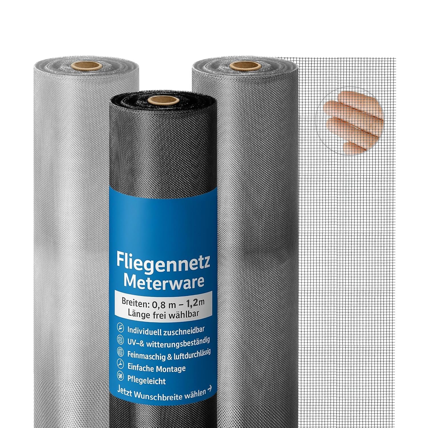 ONPIRA® Fliegennetz Meterware Edelstahl oder Aluminium Rostfrei & Katzensicher – Insektenschutz für Fenster & Türen in Silber oder Schwarz, Zuschneidbar & wetterfest (Edelstahl, 100cm x 2m)