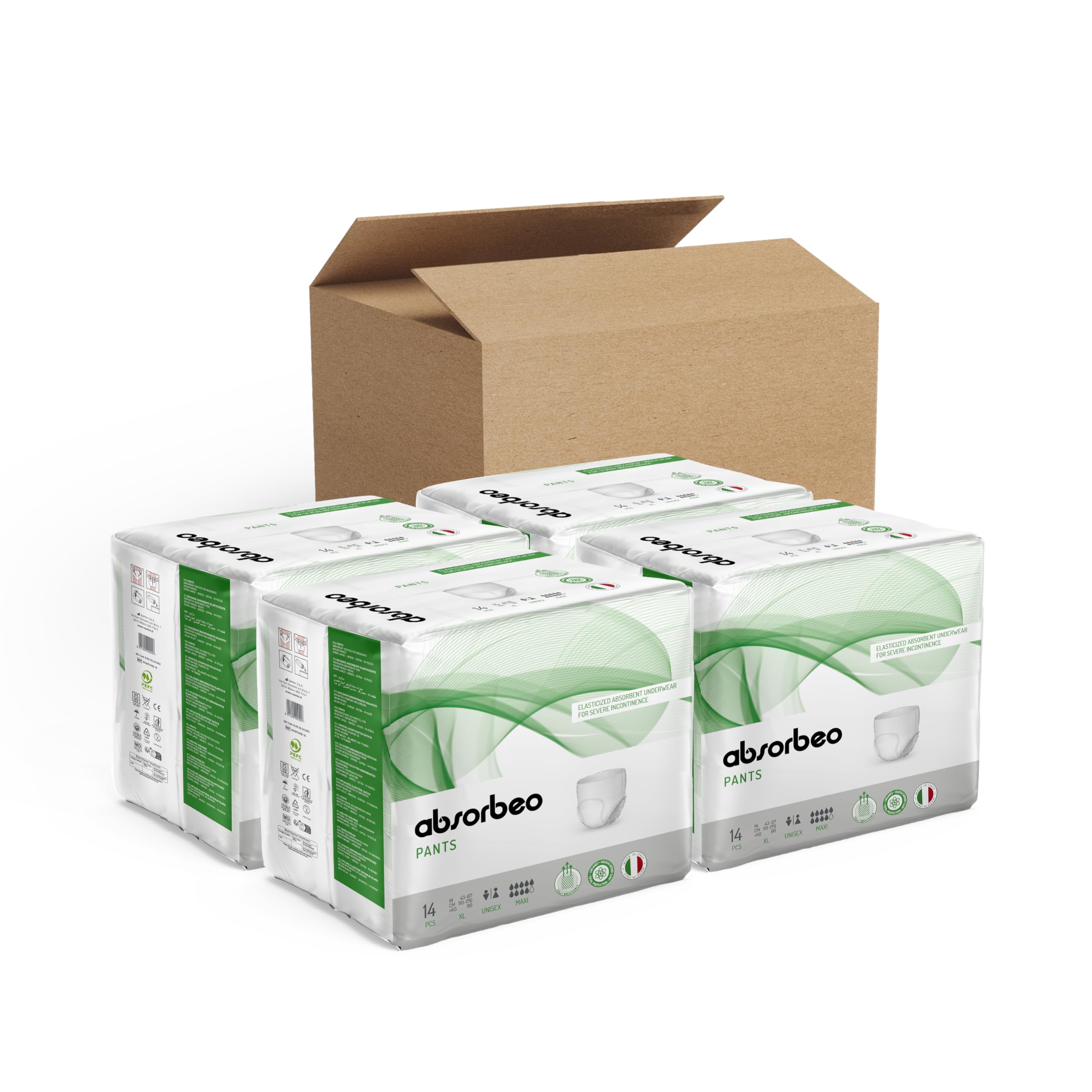 Absorbeo Pants Maxi, elastische Saugslip für schwere Inkontinenz, absoluter Komfort, vollständiger Schutz, Unisex, Größe XL, 4 Packungen mit je 14 Stück (insgesamt 56 Stück)
