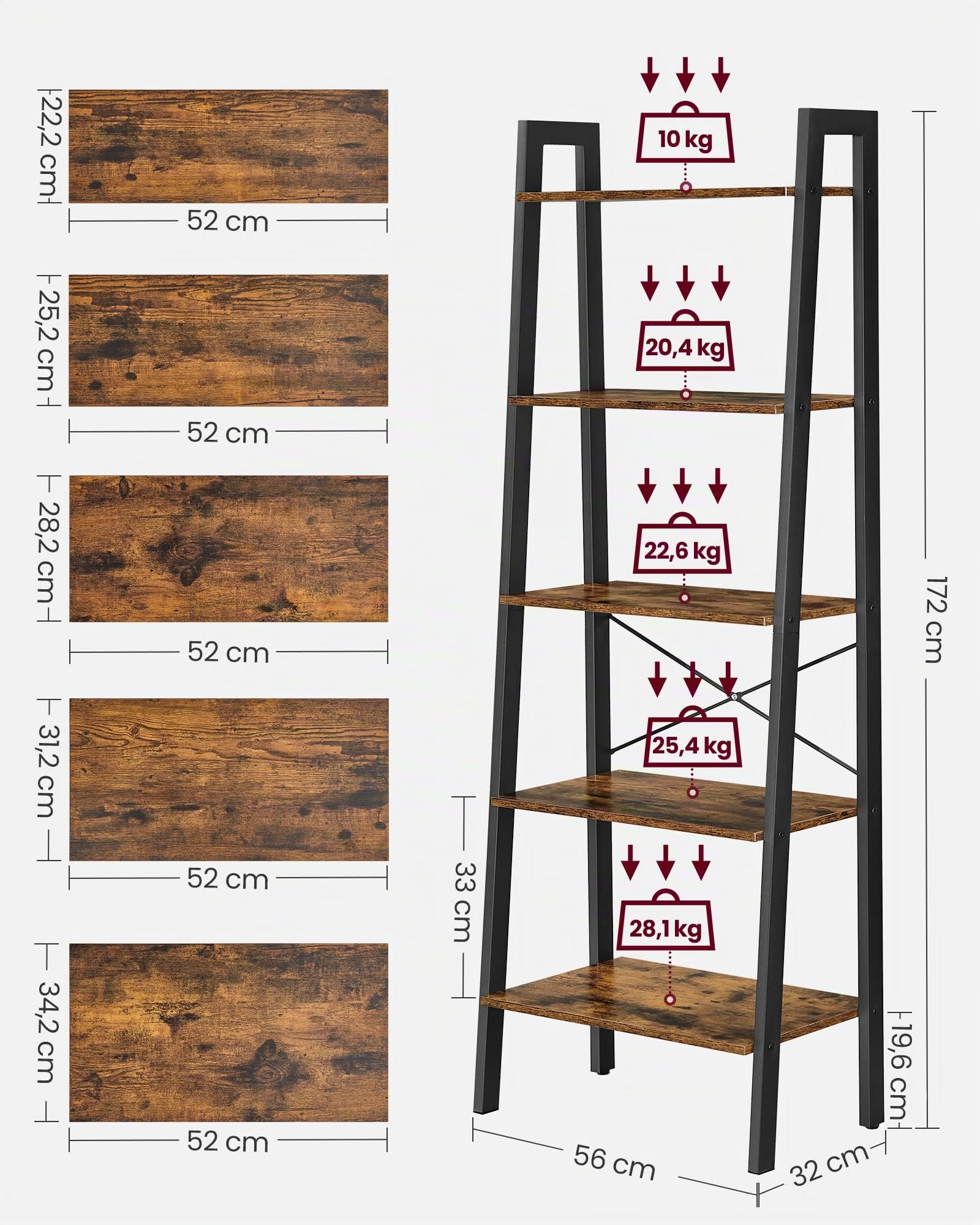 VASAGLE Scaffale a Scala, Libreria a 5 Ripiani, Mobile Portaoggetti con Struttura in Metallo, per Soggiorno, Camera da Letto, Cucina, Nero e Marrone Scuro LLS45X