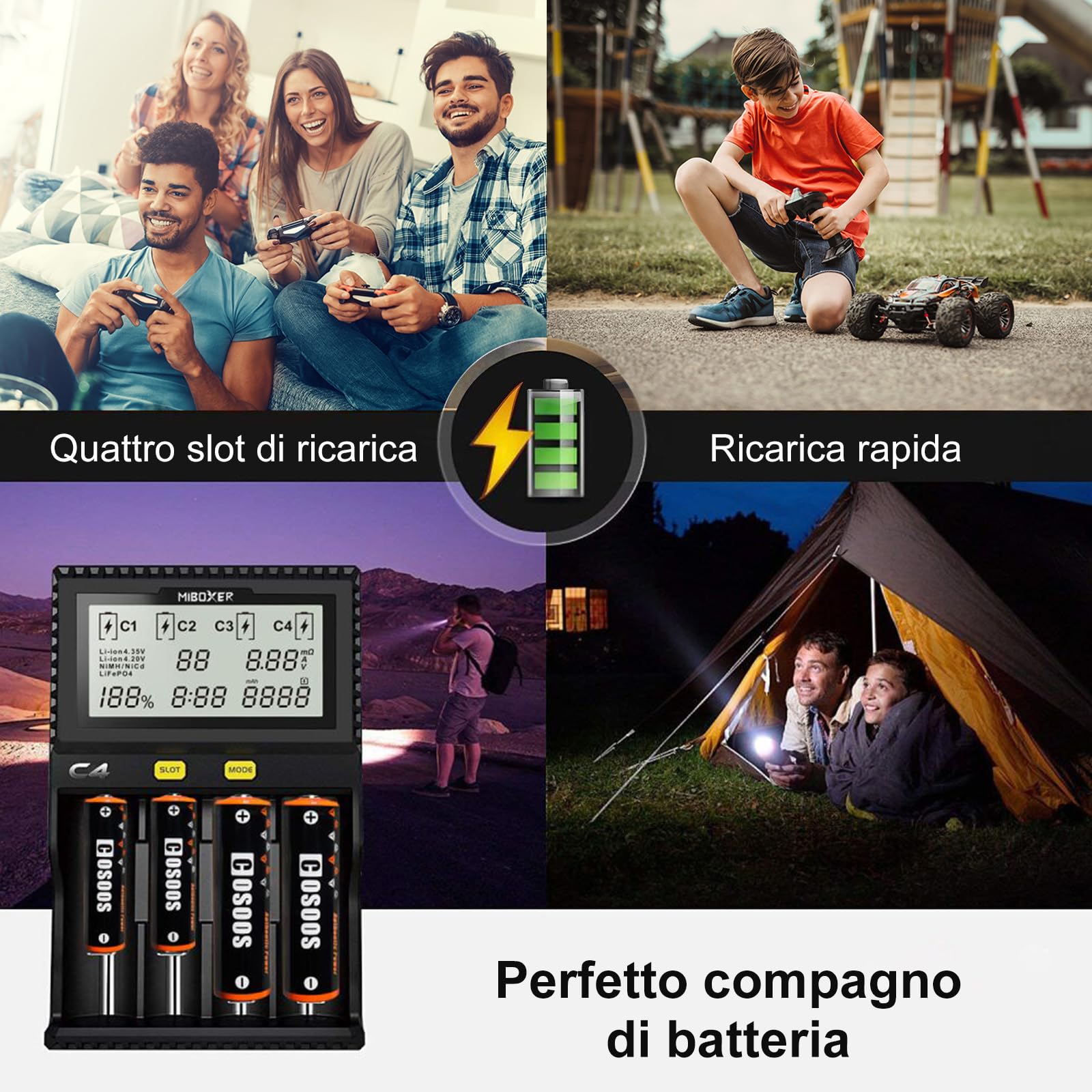 Caricabatteria 18650, Caricatore Universale a 4 Alloggiamenti MiBOXER Smart, Display LCD Automatico, Ricarica Rapida Li-ion LiFePO4 Ni-MH Ni-Cd AA AAA C 18350 18500 18700 20700 21700 RCR123