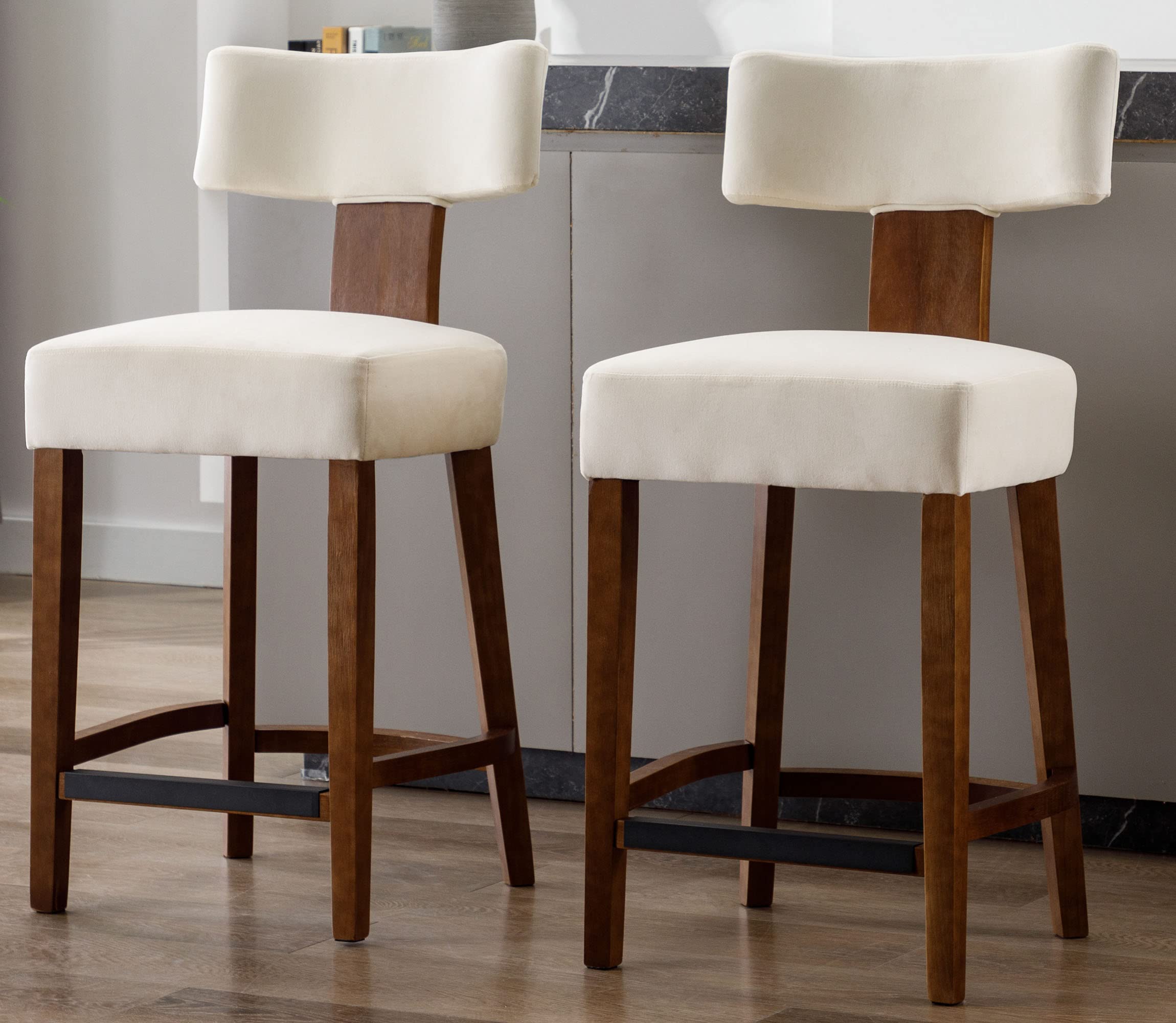 VESCASA Counter Height Barstools with Walnut Wood Legs, 27" H Velvet Modern Upholstered Counter Stool Chairs with Back Footrests for Kitchen Island, Bar, Pub, Set of 2, Cream