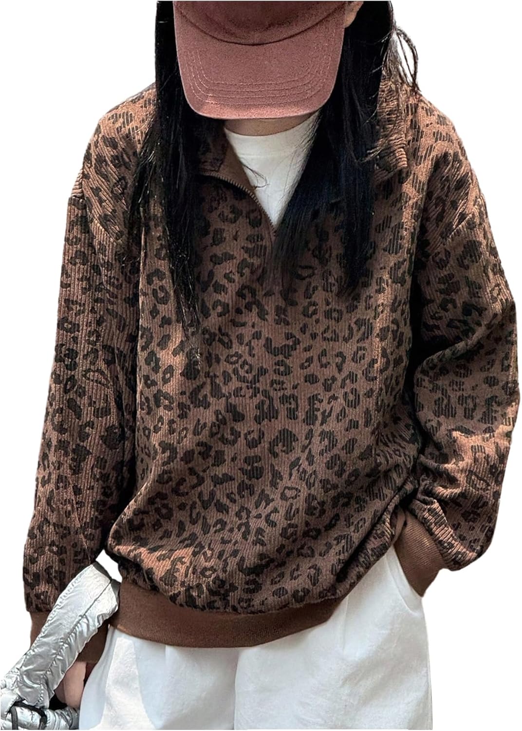 Girl's Y2k Leopard Oversized Sweatshirts Vintage Cheetah Quarter Zip Long Sleeve Pullover Tops Streetwear