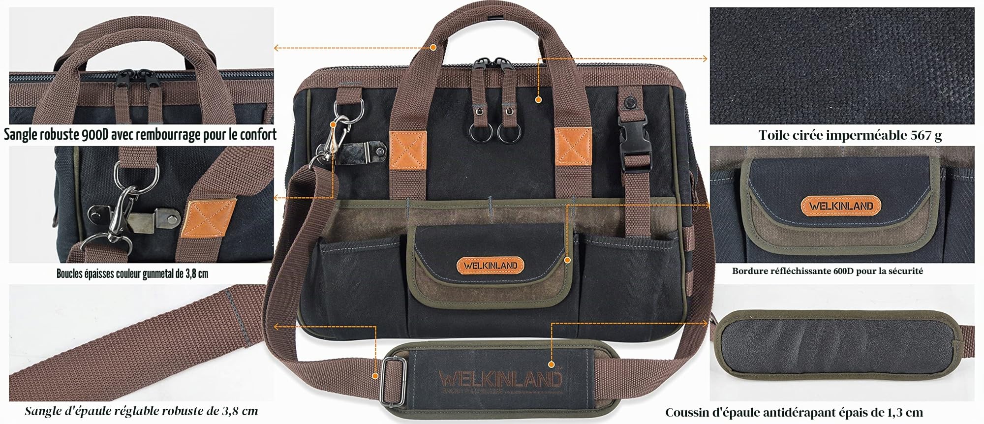 WELKINLAND Sac en toile cirée à 32 poches pour électricien outil