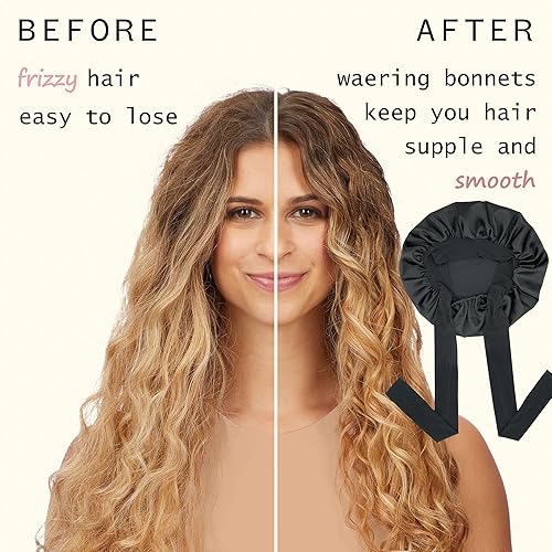 Miniatura 6 de Gorro de satén de seda para el cabello para dormir, gorros grandes con banda de amarre, envoltura para el cabello con correas ajustables, gorro de