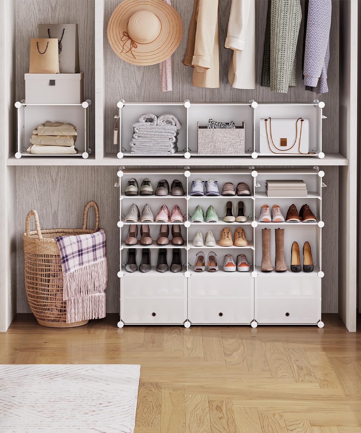 HOOBRO Mueble Zapatero, 10 Compartimentos, Modular Zapatero, Estantería de Plástico, con Puerta, Compartimento 40 x 30 x 30 cm, para Salón, Pasillo, Entrada, Dormitorio, Blanco EWT210SC01