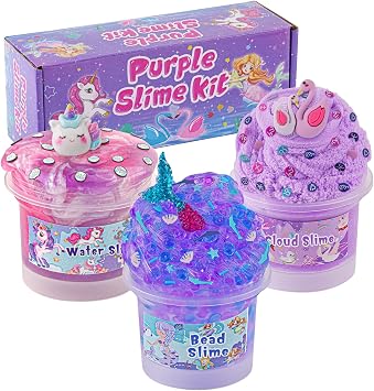 3 x 100mL Purple Slime Kit for Girls & Boys Includes Cloud, Water & Mermaid Crunchy Slime, Sensory Experience DIY Slimes Set, Slimes Party Favors for Kids Birthday Easter Halloween Teens Gift