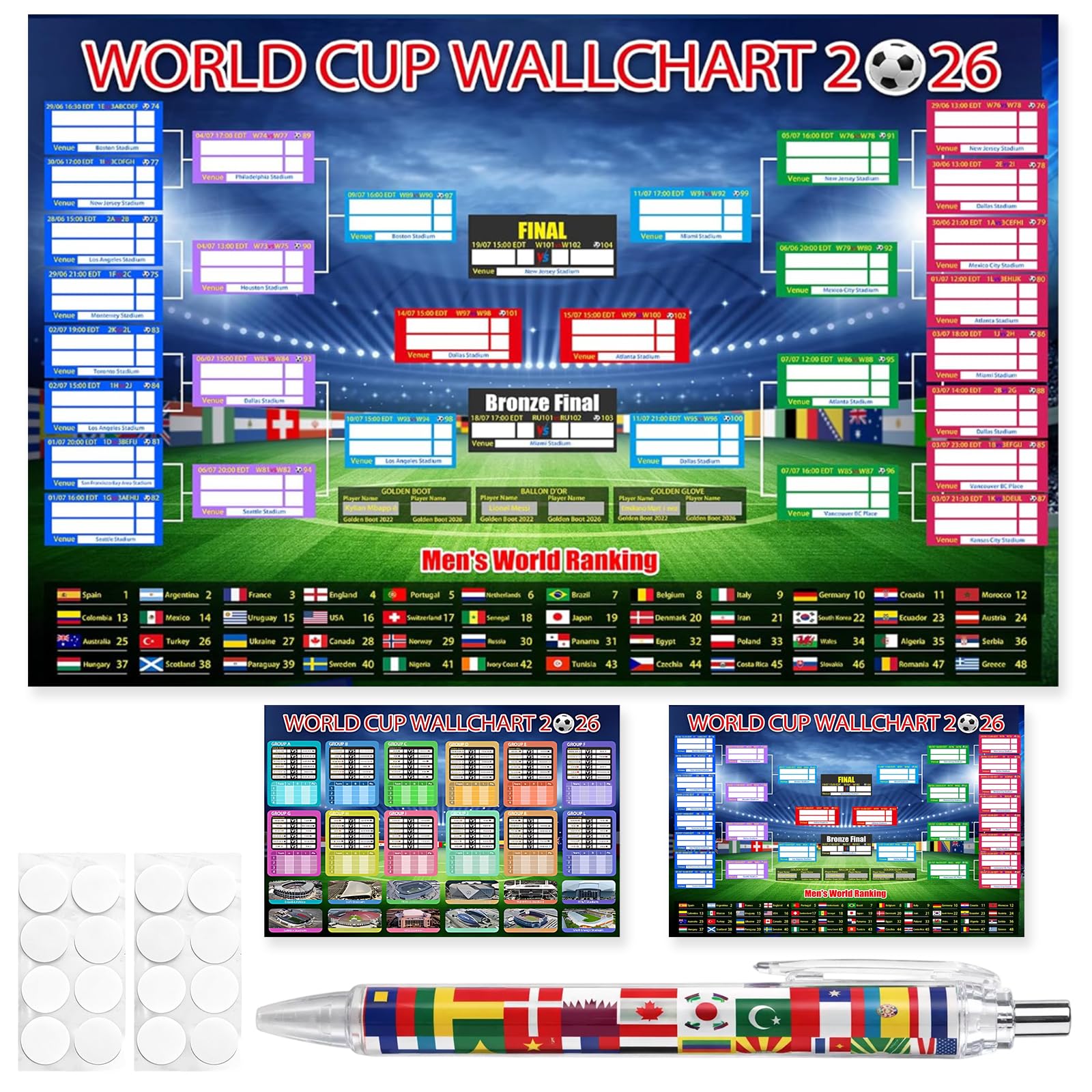 2Pcs World Cup Wall Chart 2026 set with Marker Pen, interactive Foldable Poster, for Team Information and World Cup Football Match Schedule Chart Bedroom Gymnasium Wall Display 87x58cm