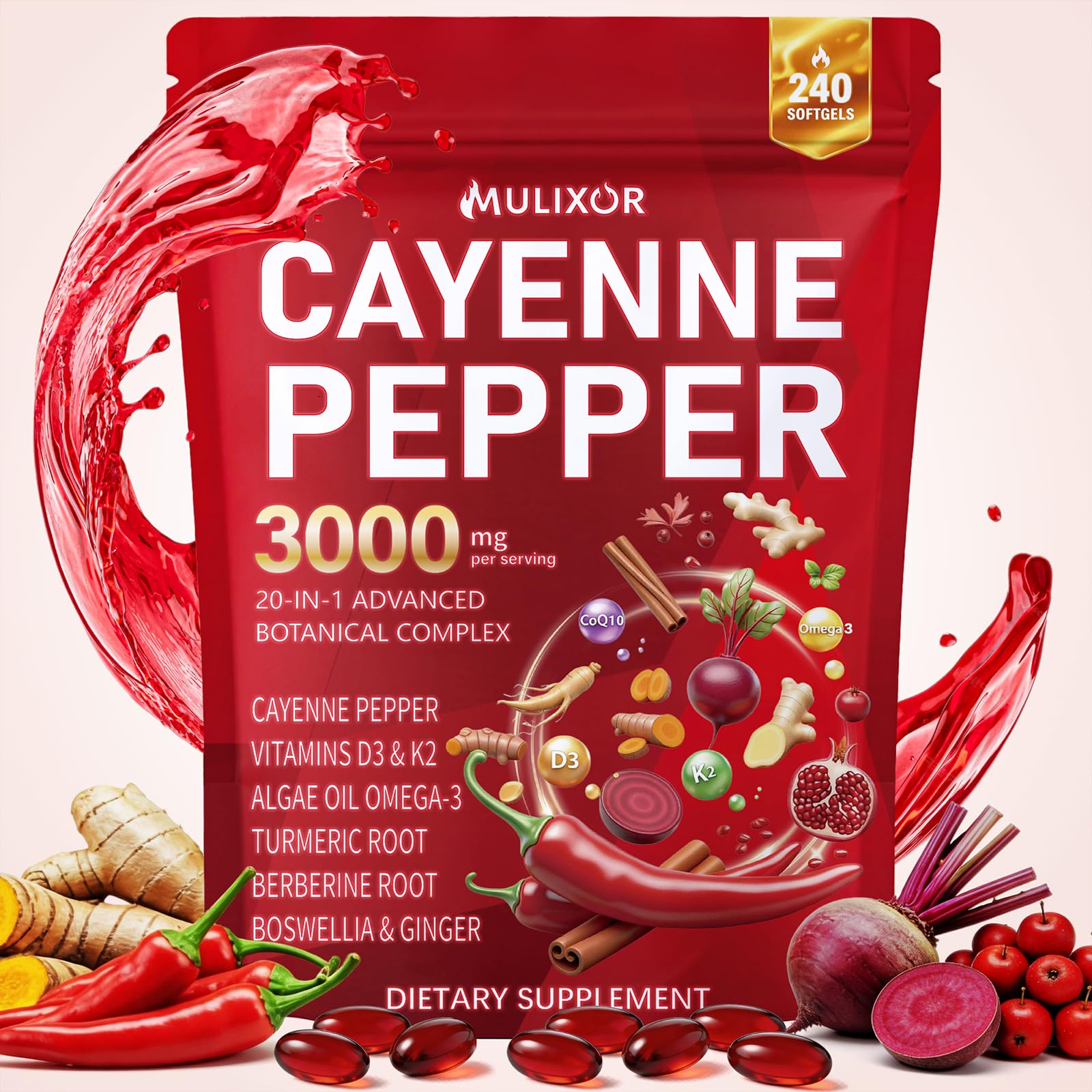 Cayenne Pepper Softgels, 20-in-1 Cayenne Pepper Capsaicin Supplements with D3 K2 E, CoQ10, Omega 3, Turmeric, Beet Root, Berberine, Supports Circulation & Metabolism, 240 Softgels 80-Day Supply 240 Softgels (80 Servings)