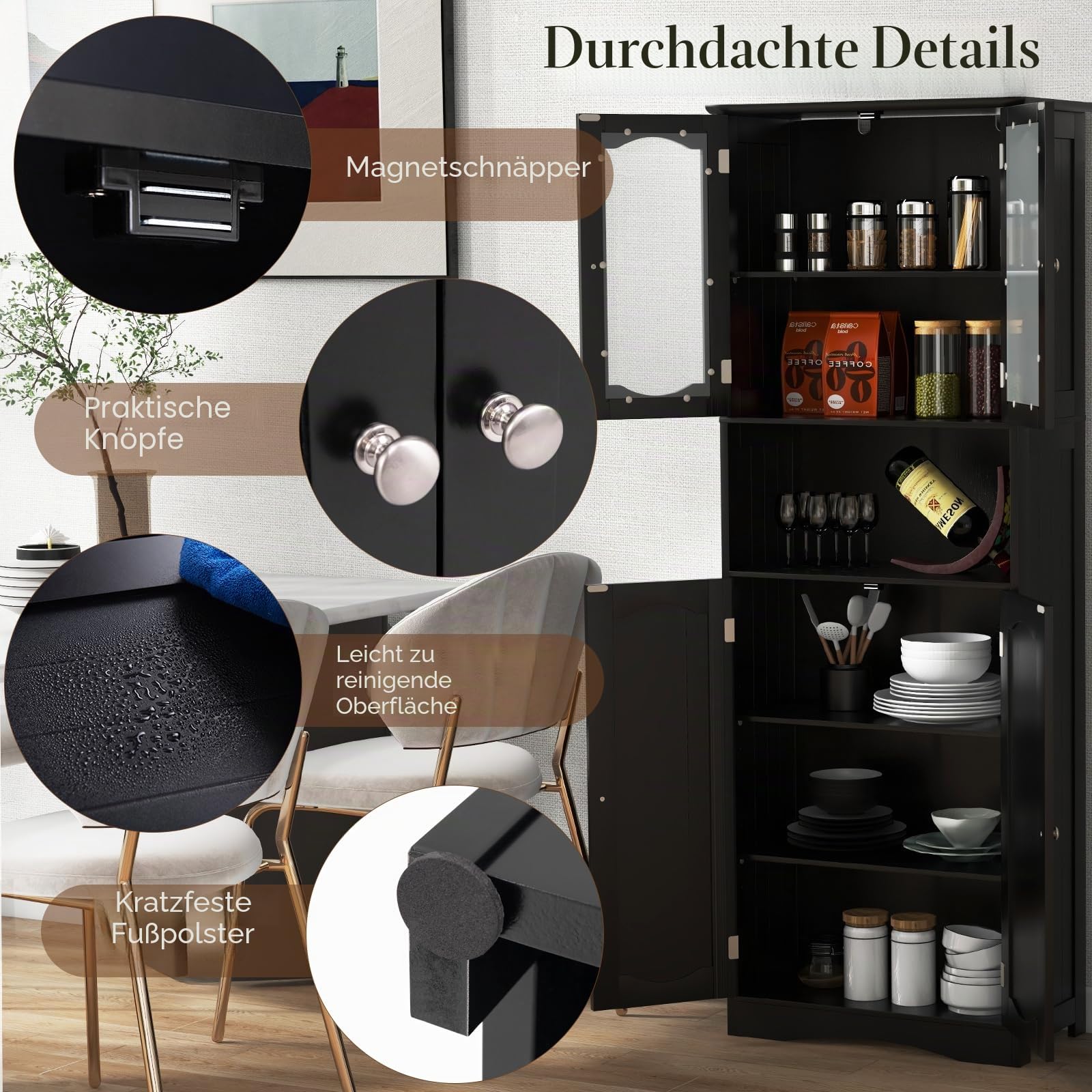 LIFEZEAL Hochschrank, Freistehender Badezimmerschrank mit Glastüren, Badschrank mit verstellbaren Regalen, Aufbewahrungs-Organizer für Küche, Wohnzimmer, Büro, 60 x 30 x 164 cm (Schwarz)