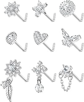 Kakonia 9Pcs Nose Studs Rings 20G Surgical Stainless Steel L Shaped Nose Rings for Women Cute Dangle Butterfly Heart Star Feather Flower CZ Nostril Piercing Jewellery