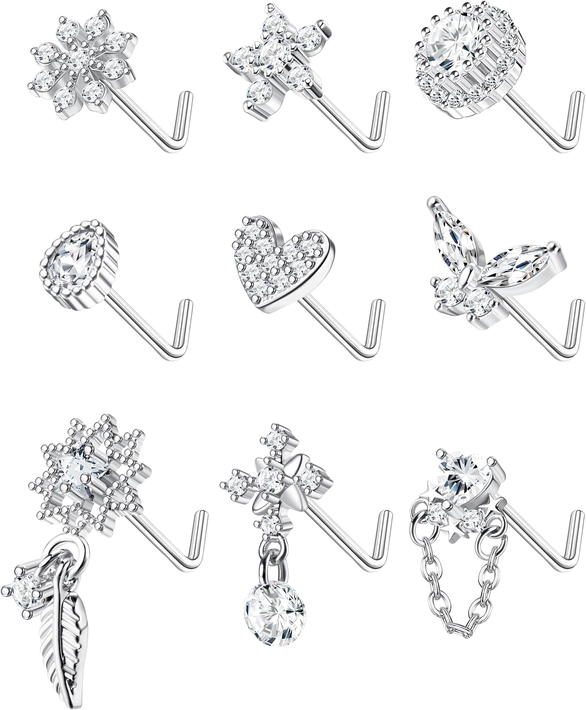 Kakonia 9Pcs Nose Studs Rings 20G Surgical Stainless Steel L Shaped Nose Rings for Women Cute Dangle Butterfly Heart Star Feather Flower CZ Nostril Piercing Jewellery