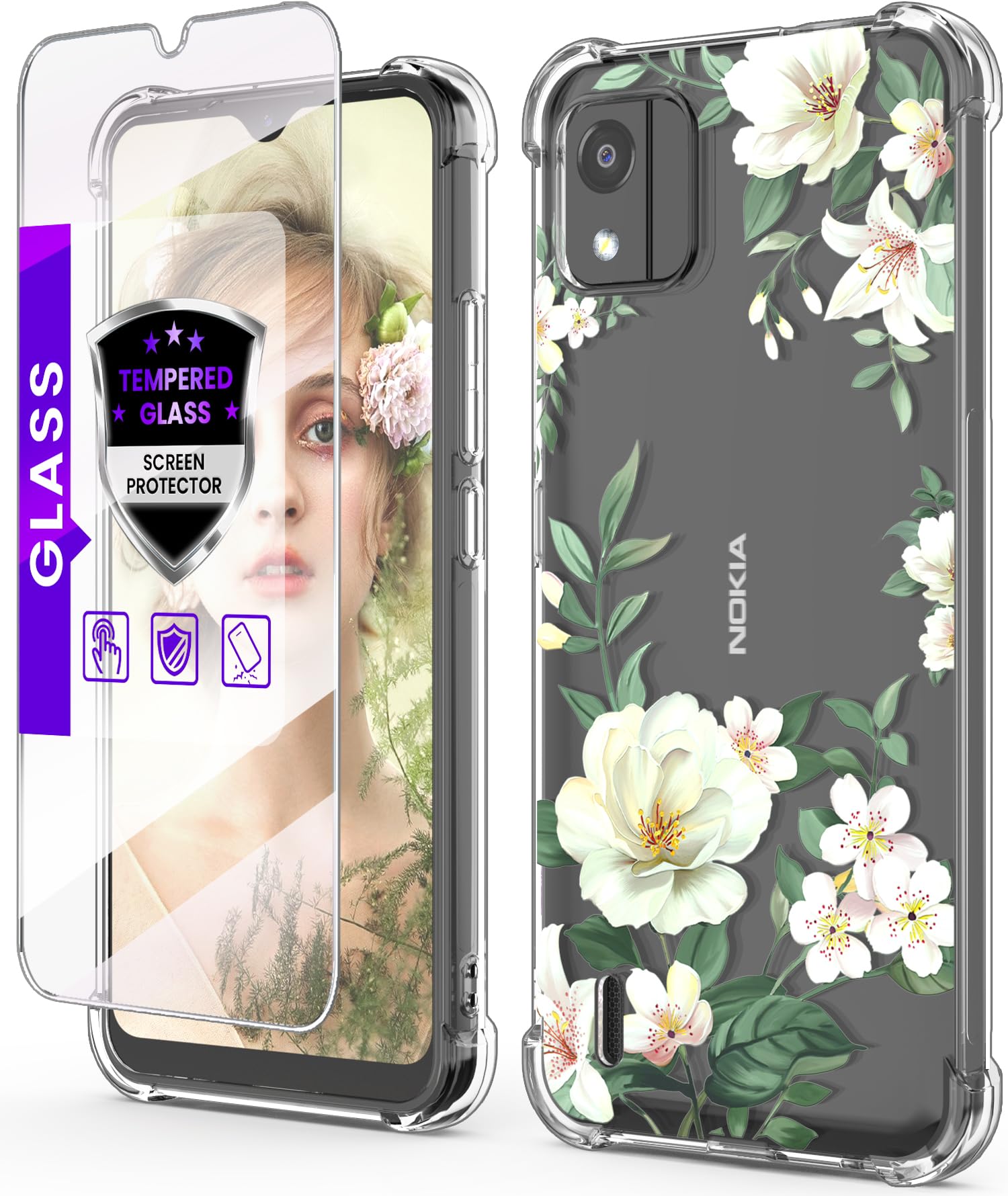 for Nokia C110 4G Case with Tempered Glass Screen Protector, Crystal Clear Flower Pattern Slim Flexible TPU Reinforced Corners Shock-Absorption Case Cover for Nokia C110 4G 2023-Magnolia